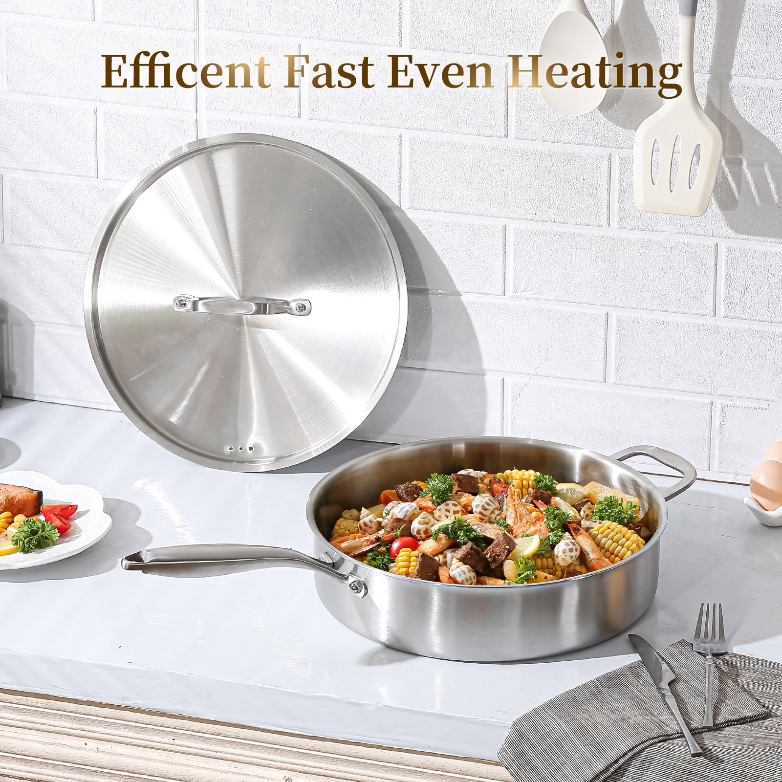 DELARLO Sartén de acero inoxidable de tres capas de 7 cuartos de galón, sartén de 30.5 cm de profundidad con cubierta de acero, sartén grande de cocina, estilo resistente, compatible con todas las