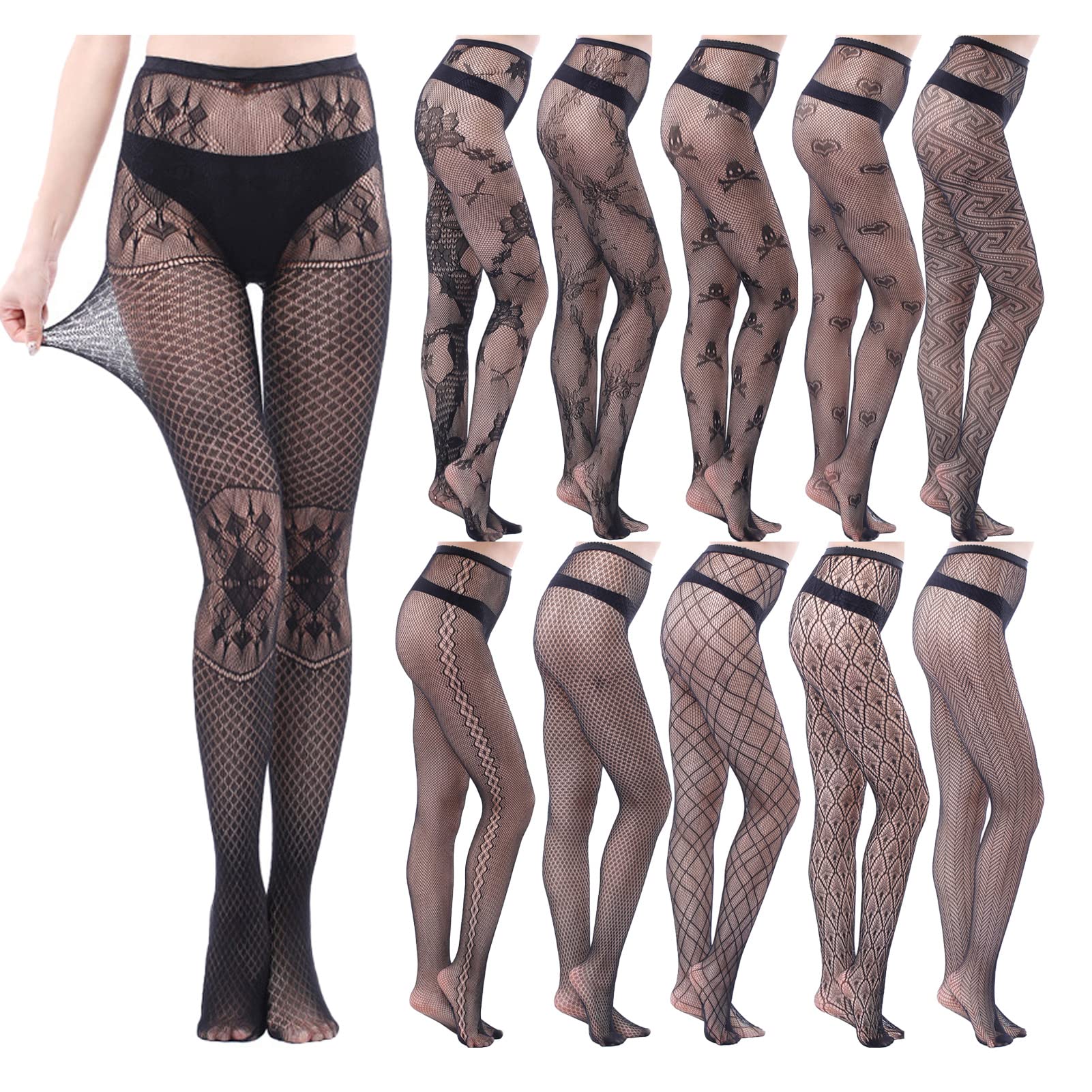 Faringoto Sexy Strumpfhose für Damen, Netz, Oberschenkelhoch, Strumpfhose, schwarzes Muster, 4–11 Stück