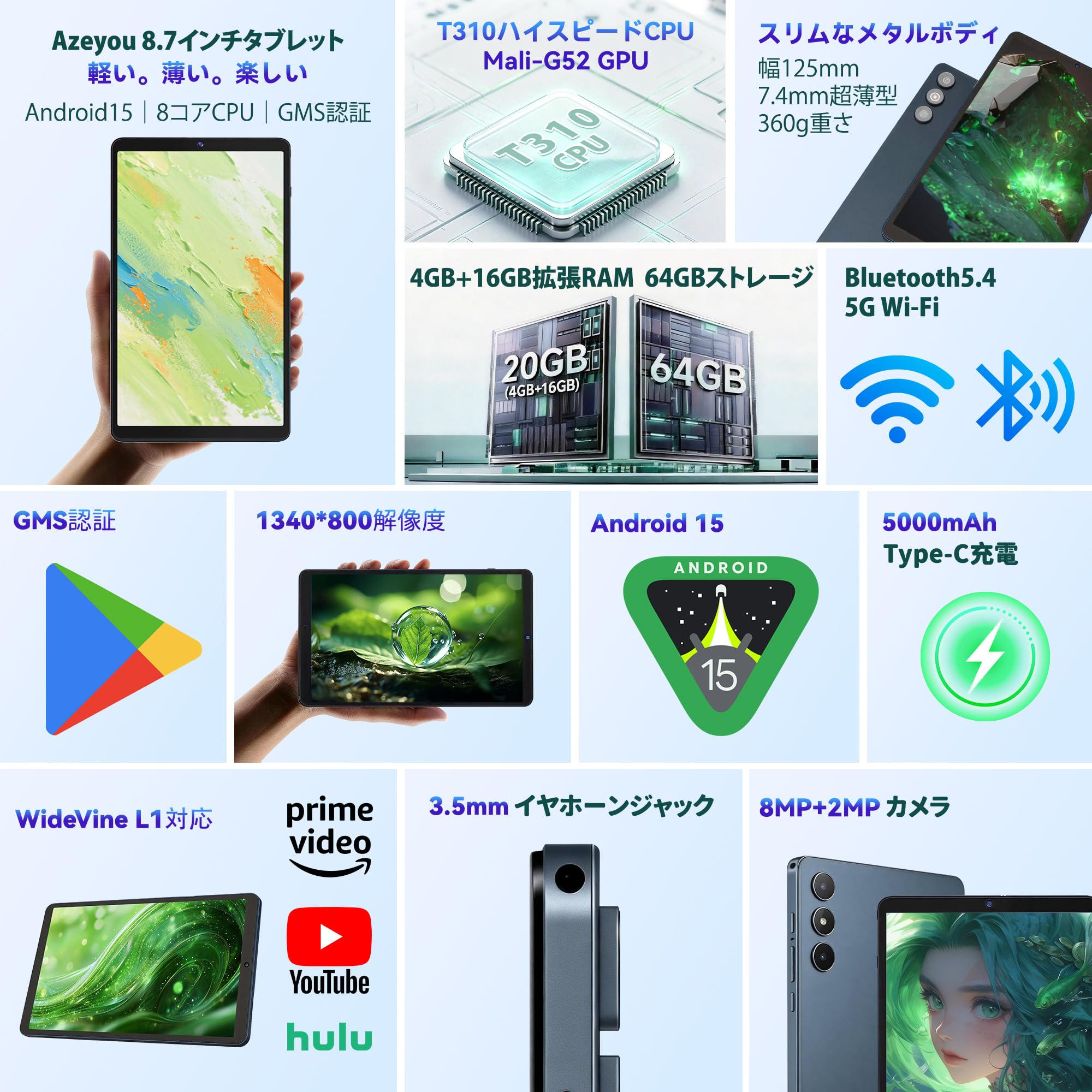 Amazon.co.jp: Azeyou【タブレット 8.7インチ】20GB+64GB+2TB拡張、2.0