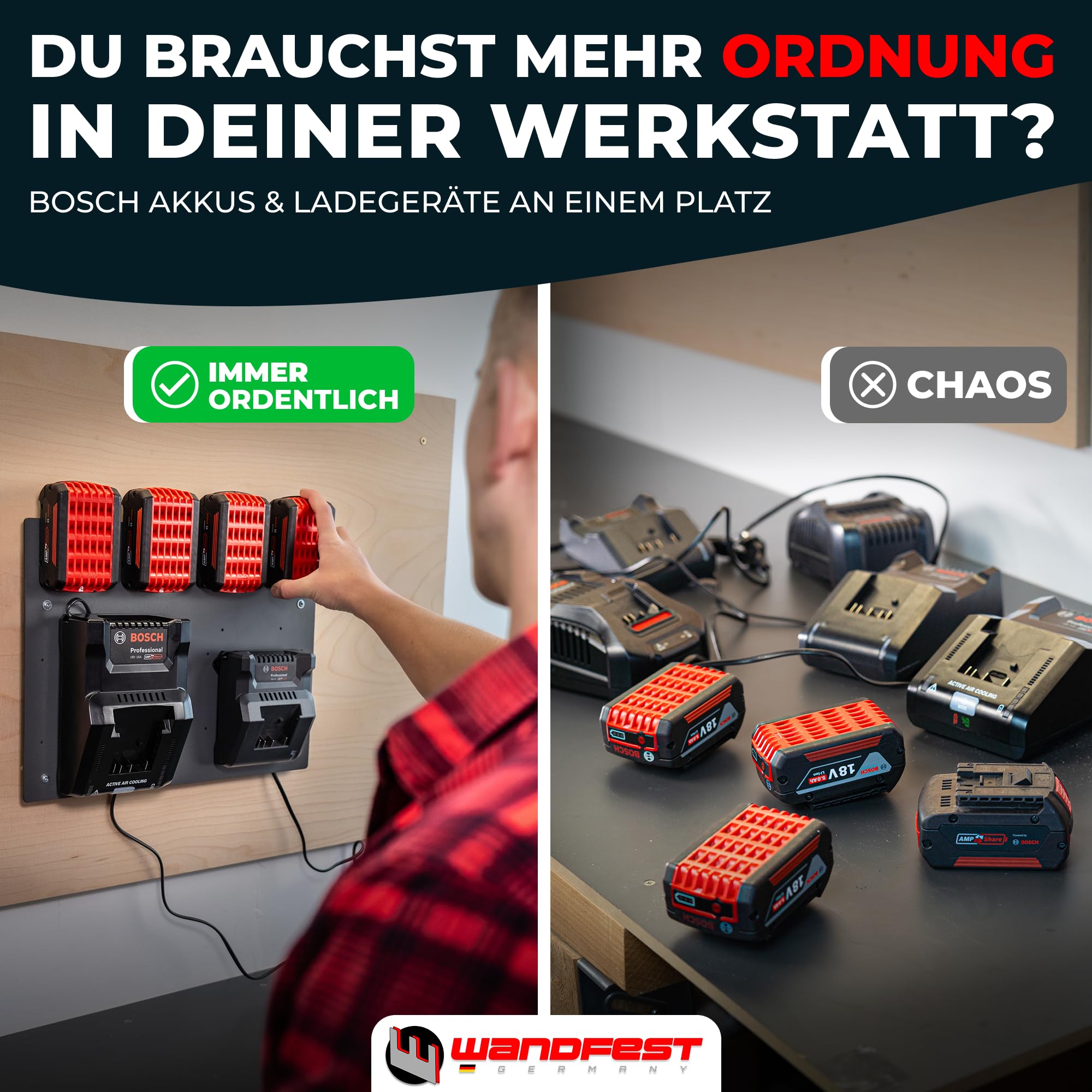 Wandfest® Wandhalterung für Bosch Akkus und Ladegeräte - Das Original | inkl. Befestigungsmaterial [Made IN Austria] Bosch Akku Halterung für 1-4 Akkus | Jetzt mehr Ordnung in Werkstatt und Garage