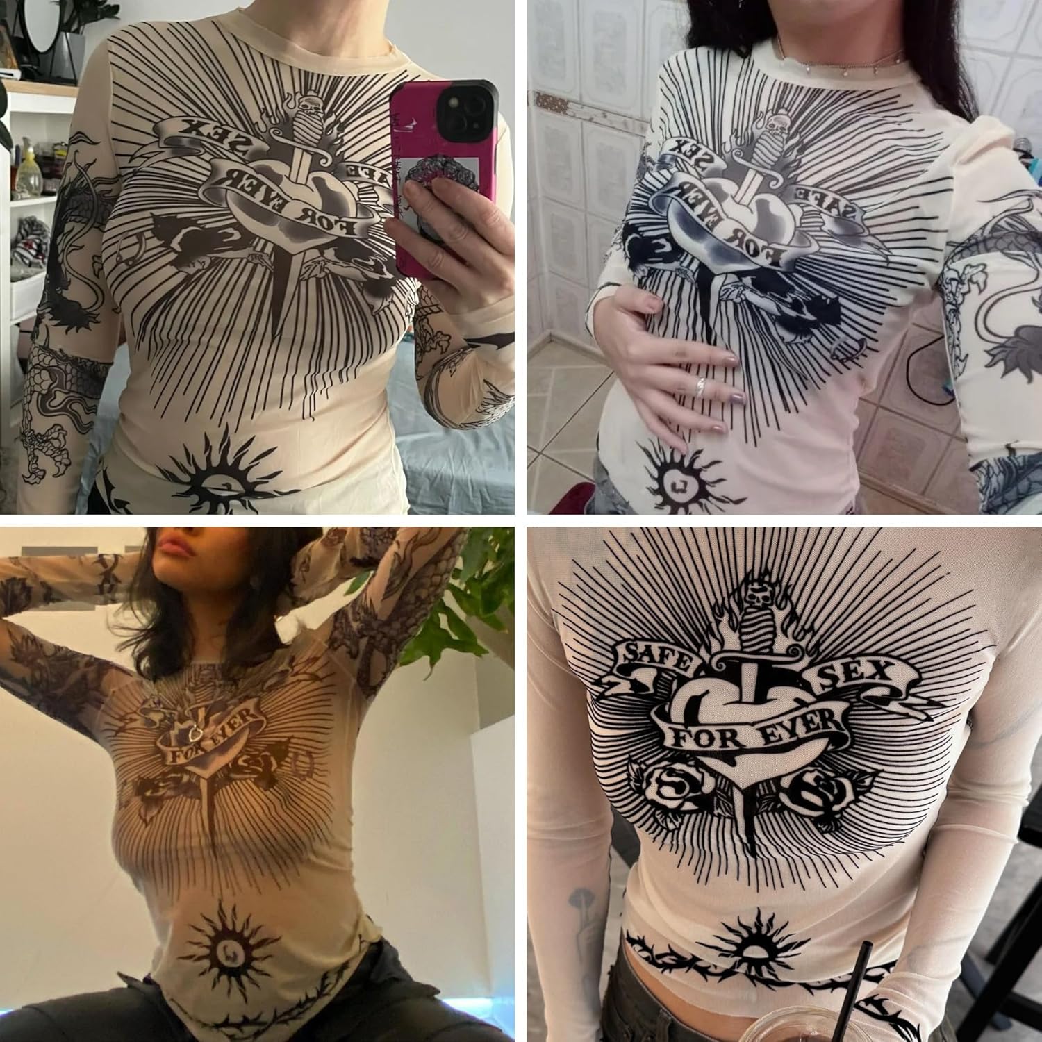 Women's Sexy Mesh See Through T Shirt Fashion Money Print Long Sleeve Crop Top Slim Tee Tops - Image 7