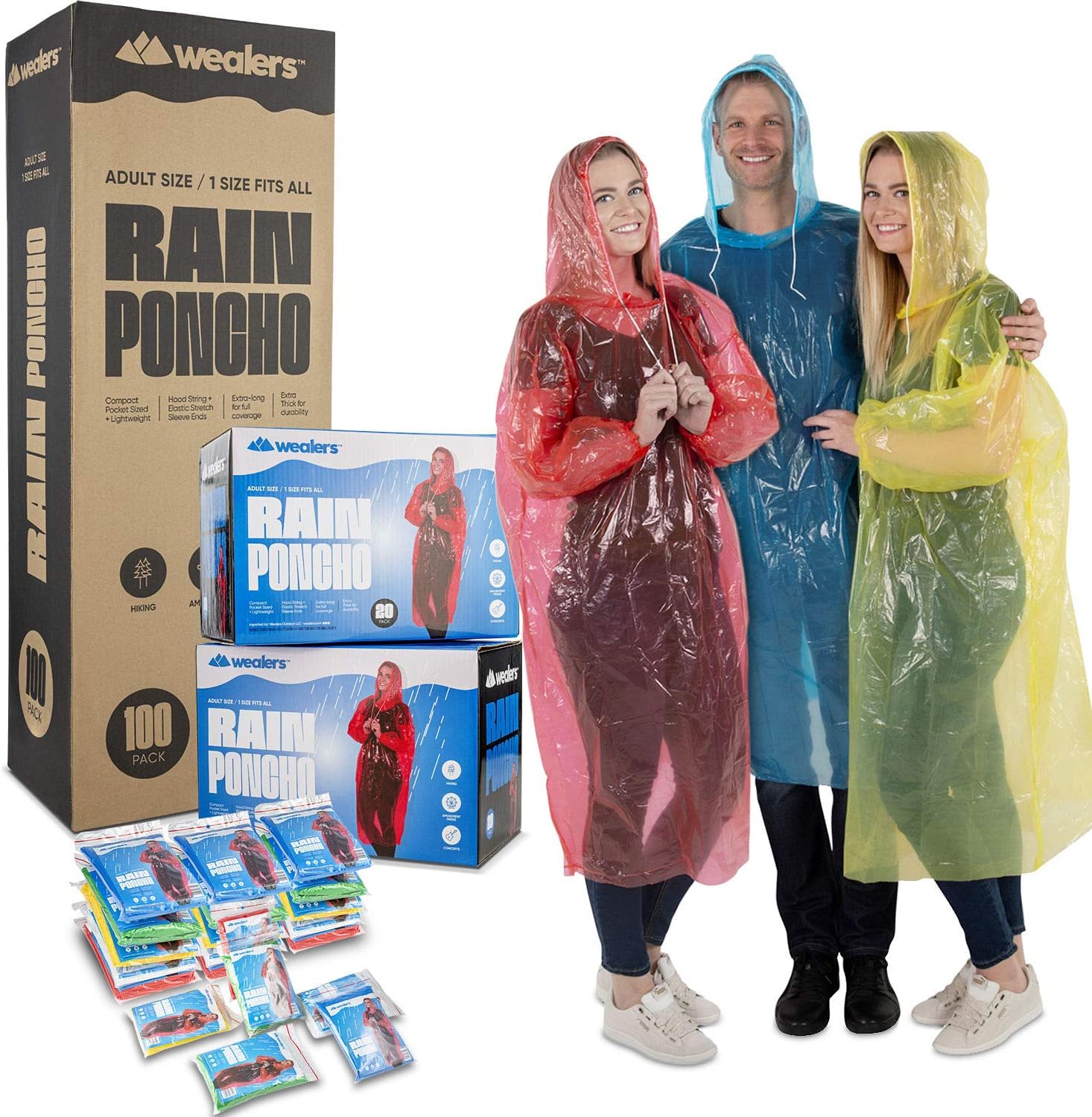Wealers Rain Poncho Bulk Pack Disposable Ponchos Adults Emergency Raincoat Hood Strings Multi Colors