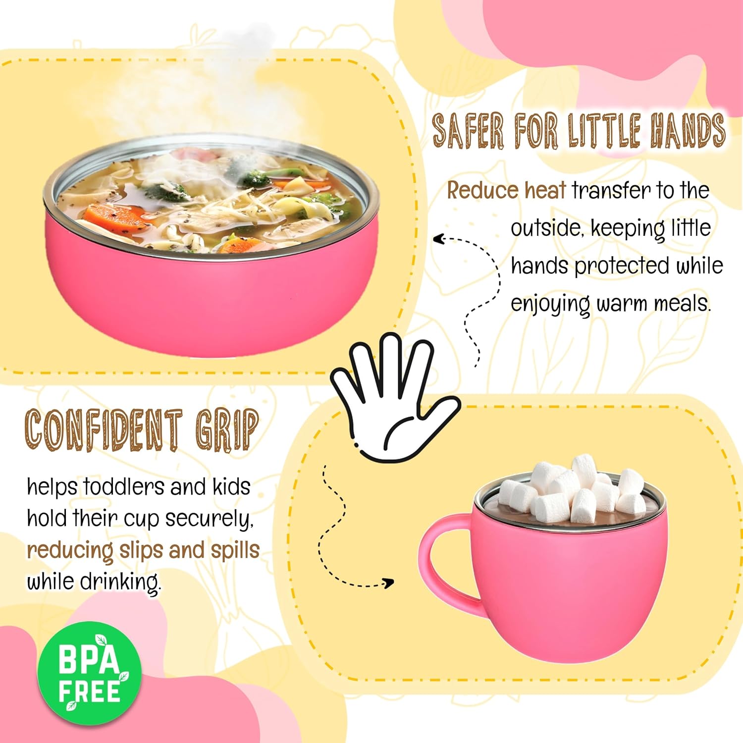 Kids Stainless Steel Dinnerware Set – Toddler Dining Set with Heat-Reducing Silicone Sleeves | Nontoxic Bowls & Cup with Handle | Unbreakable Dish Set | BPA-Free Reusable Utensils (Pink)