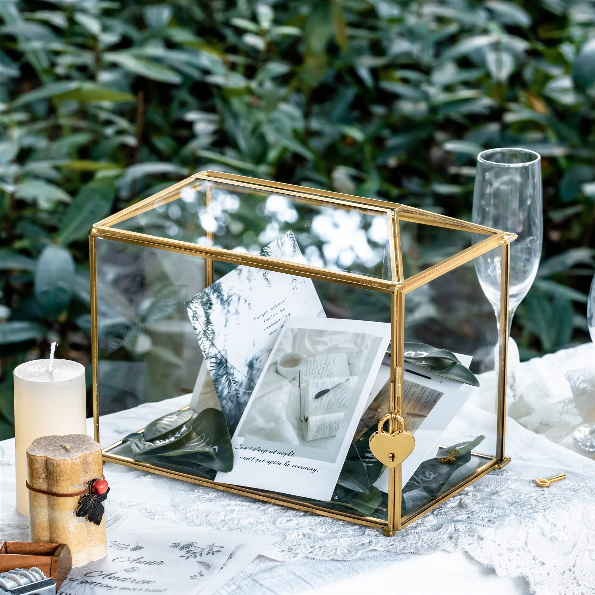 NCYP Scatola per biglietti di vetro, grande terrario geometrico, realizzato a mano, in ottone, stile vintage, rettangolare, con piedino per ricevimenti nuziali (solo scatola in vetro)