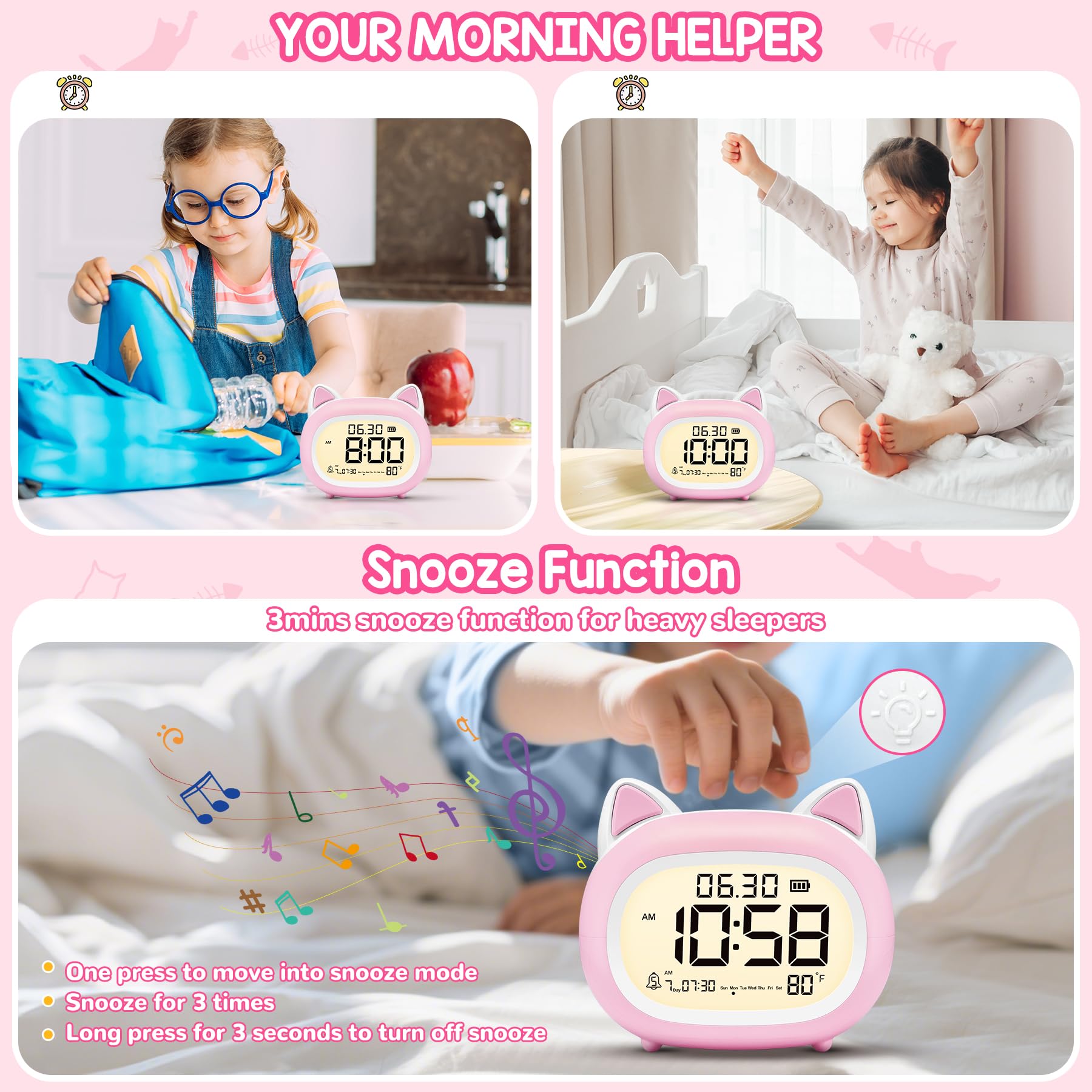 Digitaler Kinderwecker Kleinkinder Nachtlicht Uhr für Schlafzimmer, Katzenwecker mit Schlaftraining, Geburtstagsgeschenk für Mädchen Junge Kinder