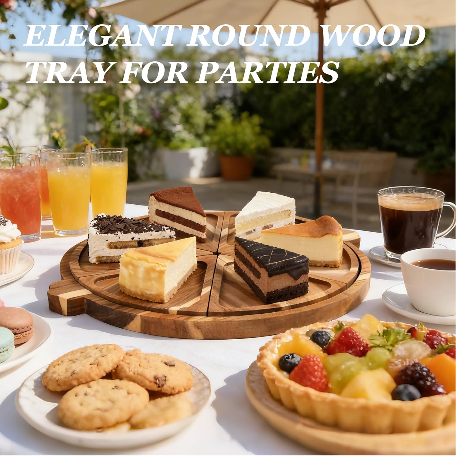 Acacia Wood Serving Tray with Handles, Round Charcuterie Boards with 6 Detachable Pizza Trays, Wooden Decorative Tray for Party, Coffee Table Tray for Home Decor, Bathroom, Kitchen Counter
