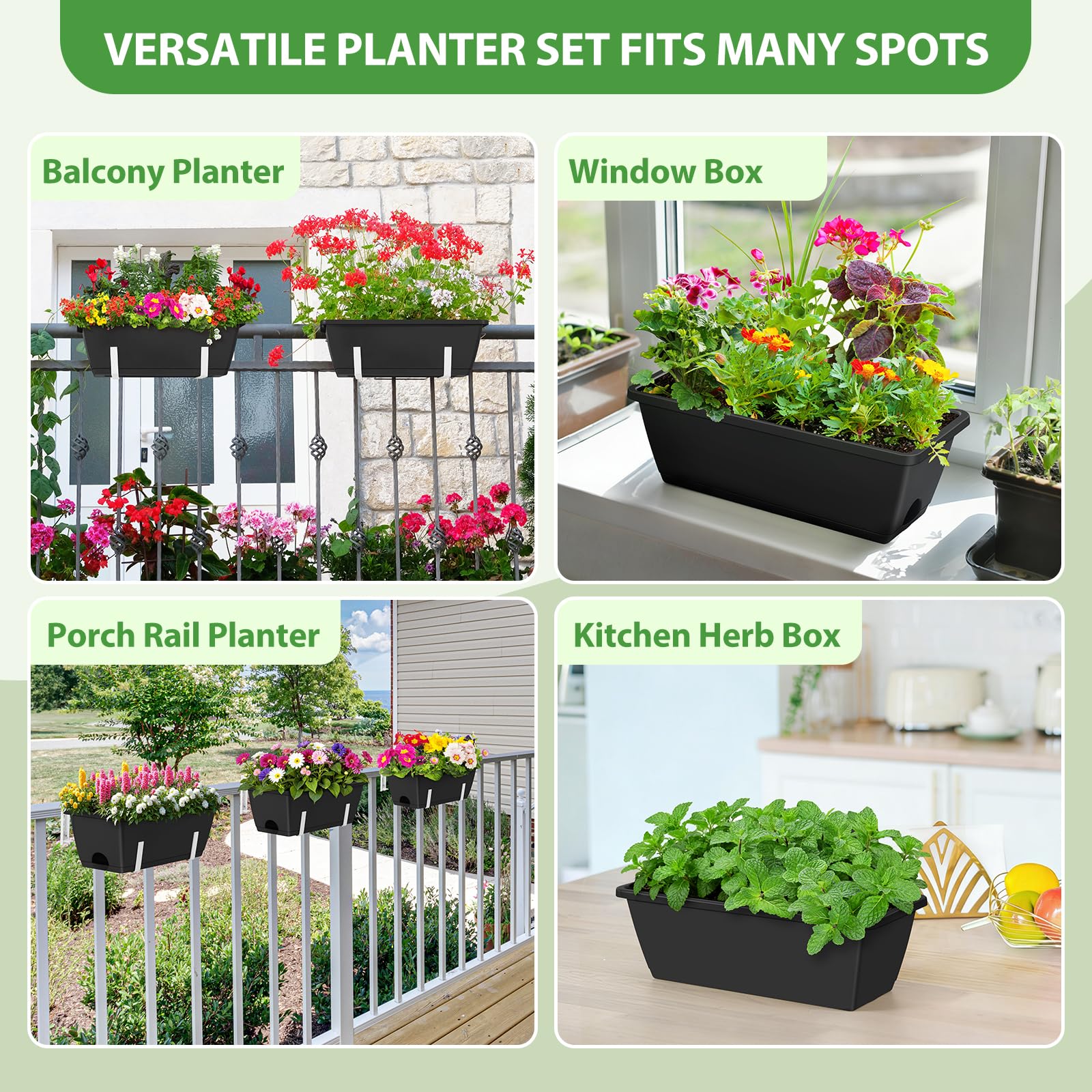OYEAL Confezione da 4 fioriere per esterni, 43 cm, in plastica, con staffe regolabili, fioriere da appendere alla finestra, fioriere per piante da giardino, recinzione, patio, balcone, nero e bianco