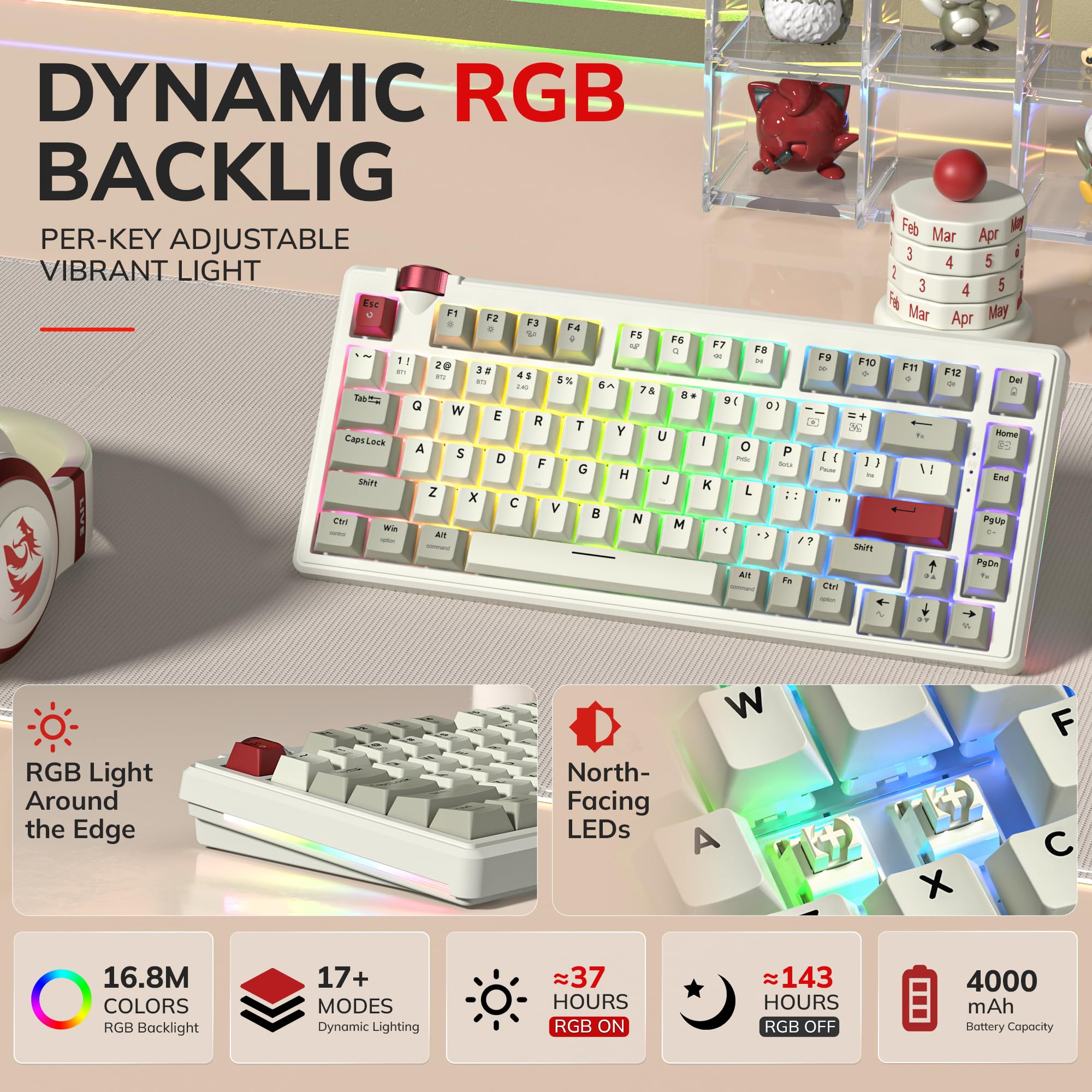 Redragon K777 - Tastiera meccanica da gioco wireless al 75%, sostituibile a caldo, con manopola, suono cremoso Thocky, tri-mode BT5.0/2,4 GHz/USB-C, North-Facing RGB, per PC e Mac (grigio e beige)