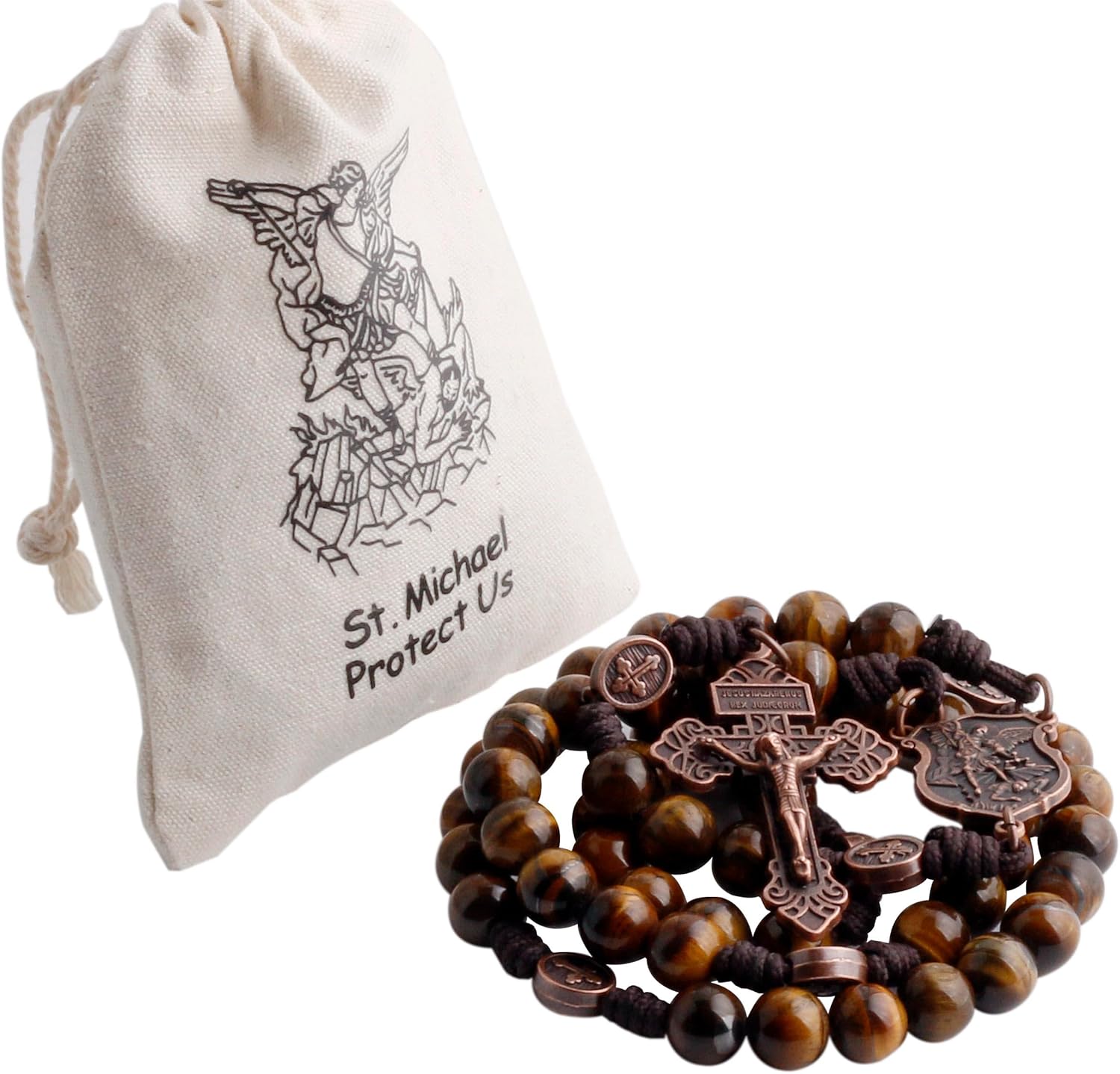 HanlinCC 10mm Natural Stone Beads Handmade Saint Michael Paracord Rosary Necklace with Religious Pouch - Image 8