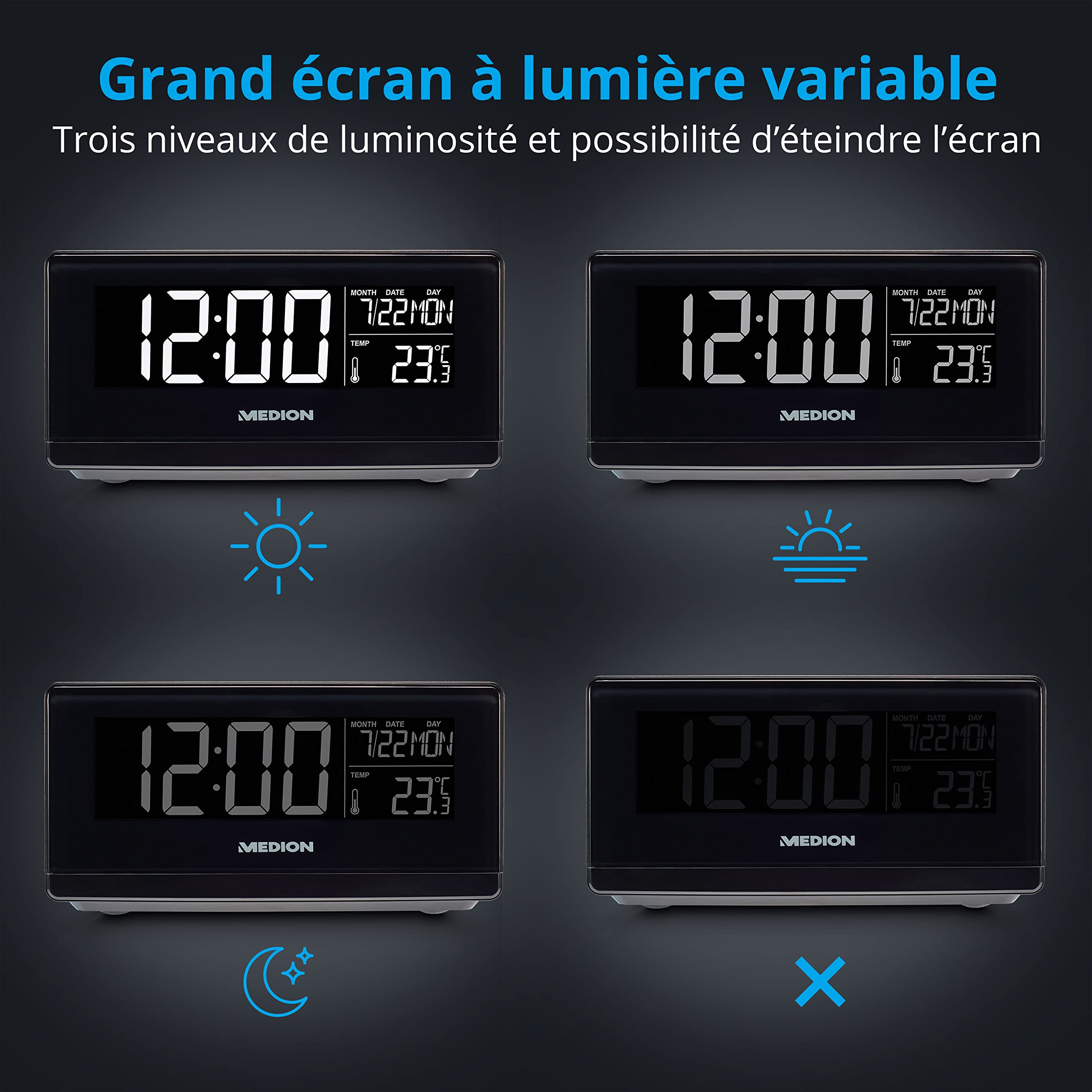 MEDION Radio-réveil Avec Station De Charge Sans Fil E66259 (Radio-réveil FM Numérique, Qi Pad De Charge Rapide Pour Smartphones, Bluetooth, Sleep Timer, Réveil, Variateur, AUX, USB) Noir