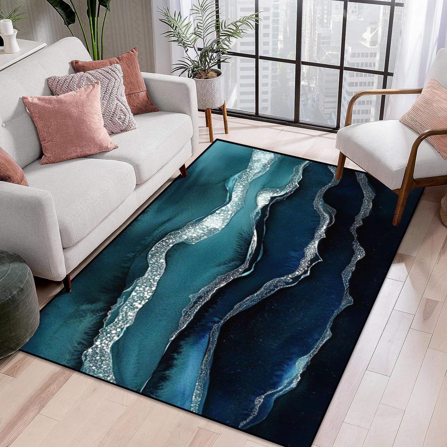(similar)Area Rug Shimmering Dark Blue Watercolor Texture Machine Washable Rugs Pet & Child Friendly Non Slip Soft Boho Mats Outdoor Carpets for Nursery Livingroom 2’6x6’7 feet