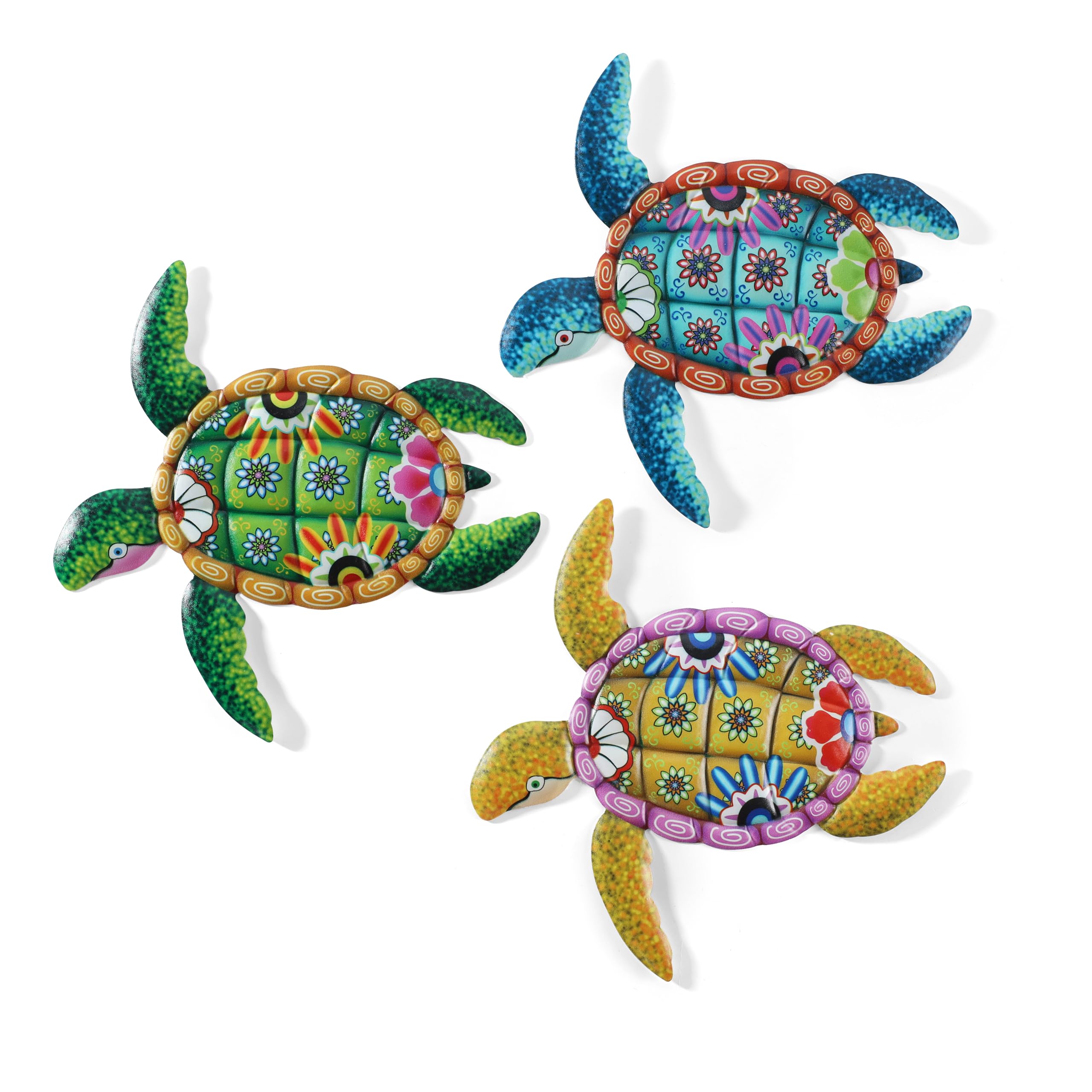 Scwhousi Metal Sea Turtle Wall art Decor,Beach Theme Nautical Hanging Decorations Sculpture for Garden Pool Patio Balcony Kitchen or Bathroom(12 * 12inch),Flower Pattern