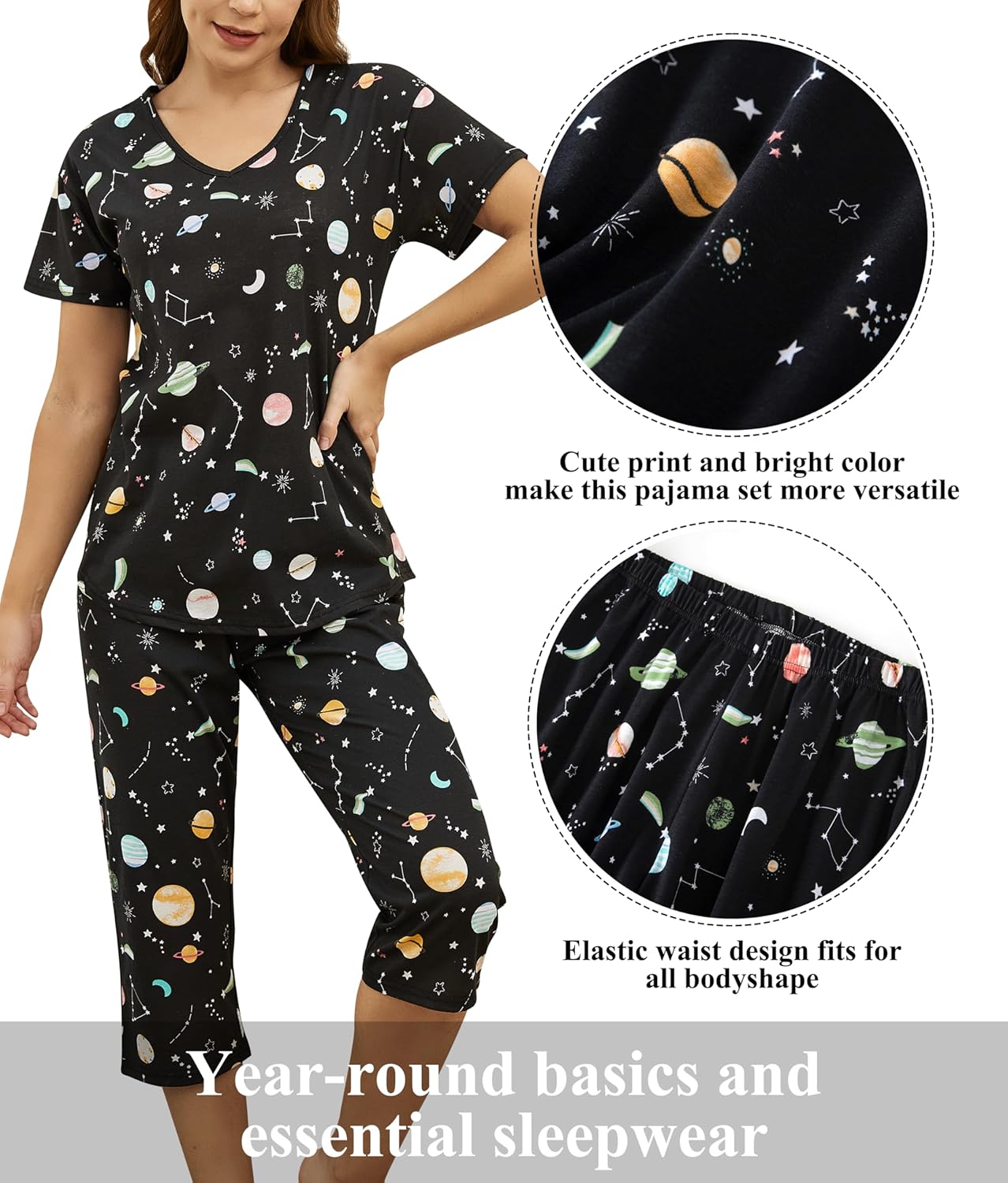 PNAEONG Women Pajama Set Sleepwear Tops with Capri Pants Casual and Fun Prints Pajama Sets - Image 3