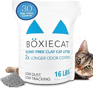 Boxie® Unscented 30 Day Odor Control Clumping Clay Cat & Kitty Litter 16 lb, 99.9% Dust-Free, Hard Flat Top® Clumps, No Fragrances No Fillers, Long-Lasting, Easy to Scoop