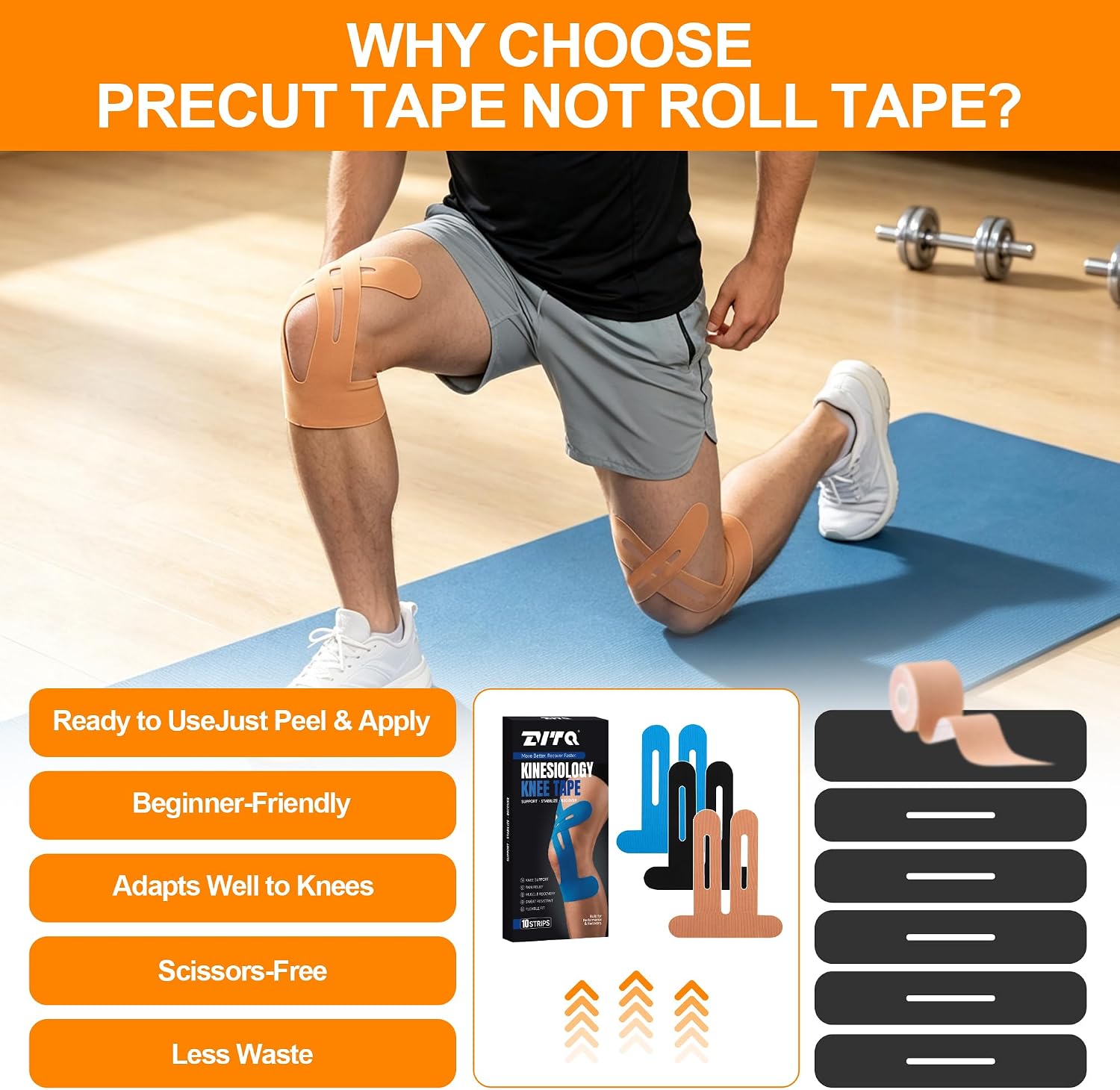 Kinesiology Tape for Knees (10-Pack) – Precut Knee-Specific Strips, Strong Acrylic Adhesive, Waterproof & Breathable Sports Tape for Muscle Support, Injury Recovery, Athletic Training (Blue) image 4
