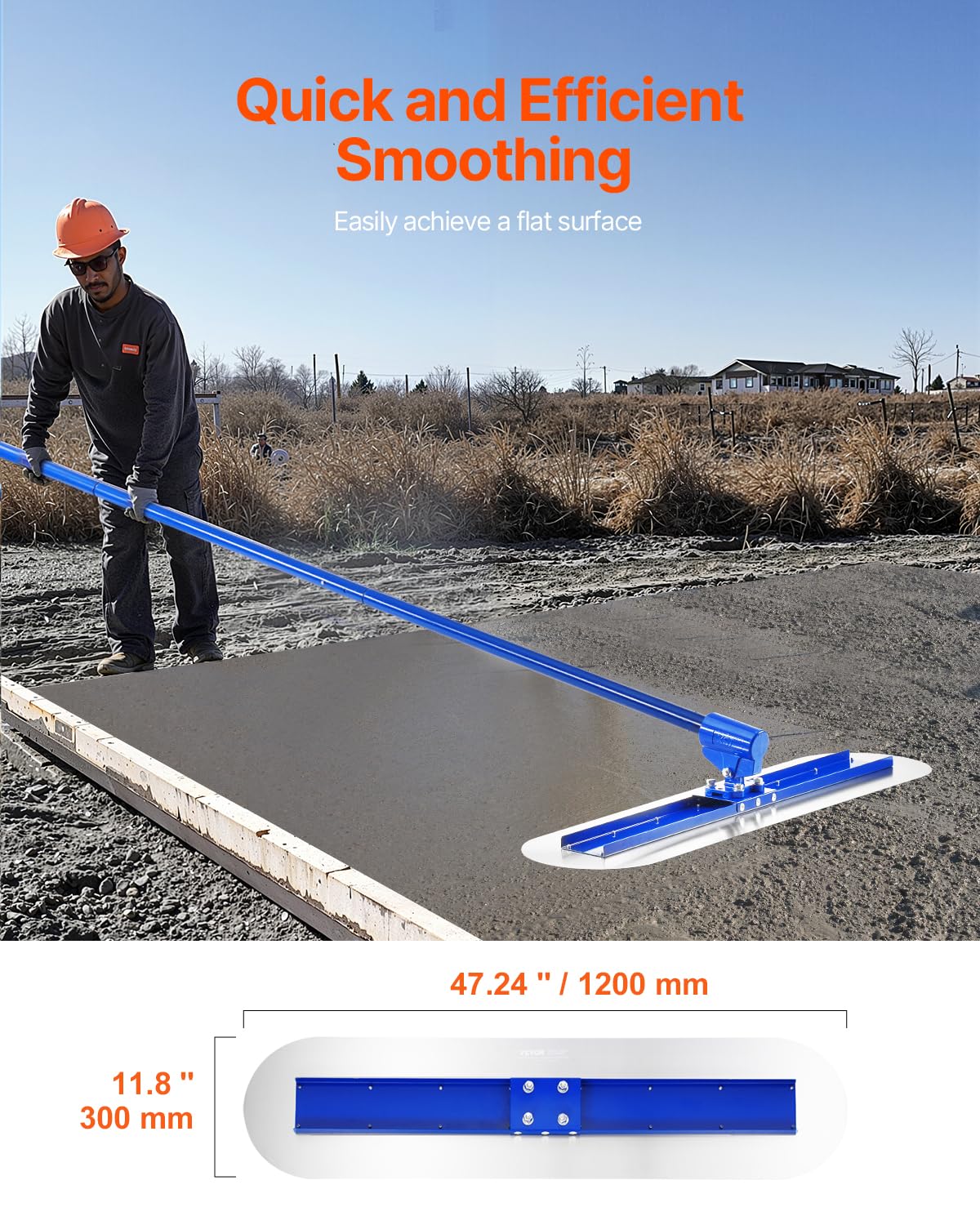 VEVOR Cartongesso Strumenti Concreti, 1200 x 300 mm, Utensile per Calcestruzzo con Estremità Arrotondata e 4 Manici Sostituibili in Lega di Alluminio, Frattazzo per Finitura Cemento