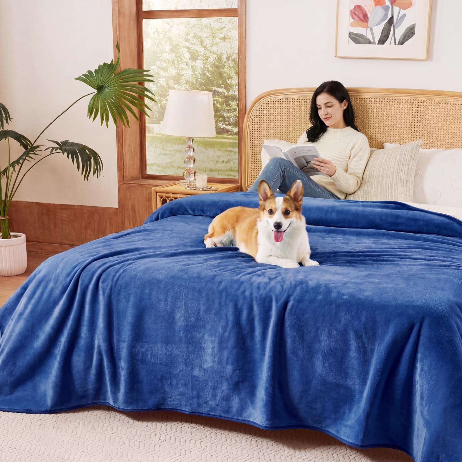 Sunheir Waterproof Blanket for Queen Size Bed - 90"x86" Soft Reversible Sherpa Fleece Flannel Dog Blankets for Large Dogs, Pet Blanket for Bed, Couch, Soft Plush Furniture Protector, Blue