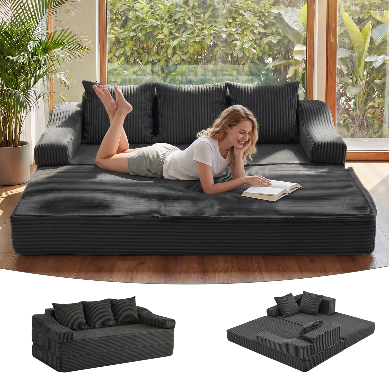 Apicizon 78.7" Folding Convertible Sofa Bed, Boneless Sleeper Sofa Couch with Pillows, 3 Seater Pull Out Futon Couches Bed, Floor Mattress Couch Loveseat for Living Room Bedroom Lounge, Dark Grey