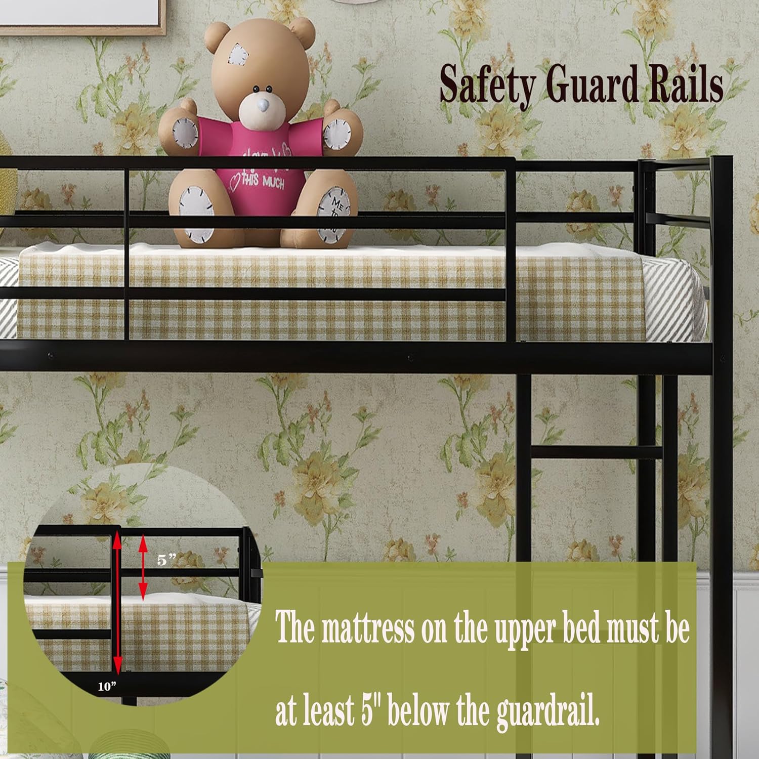 Twin Over Twin Metal Bunk Beds,Metal Low Floor Bunk Bed for Kids,Heavy Duty Bed Frame with Safety Guard Rail & Ladder for Girls Boys Adults Dormitory Bedroom,No Box Spring Needed,Noise Free (Black)