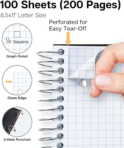Miniatura 4 de Dunwell Cuaderno de papel cuadriculado, cubierta de plástico negro, 100 hojas de 8.5 x 11 pulgadas, cuaderno de cuadrícula cuadrada de 14 pulgadas,