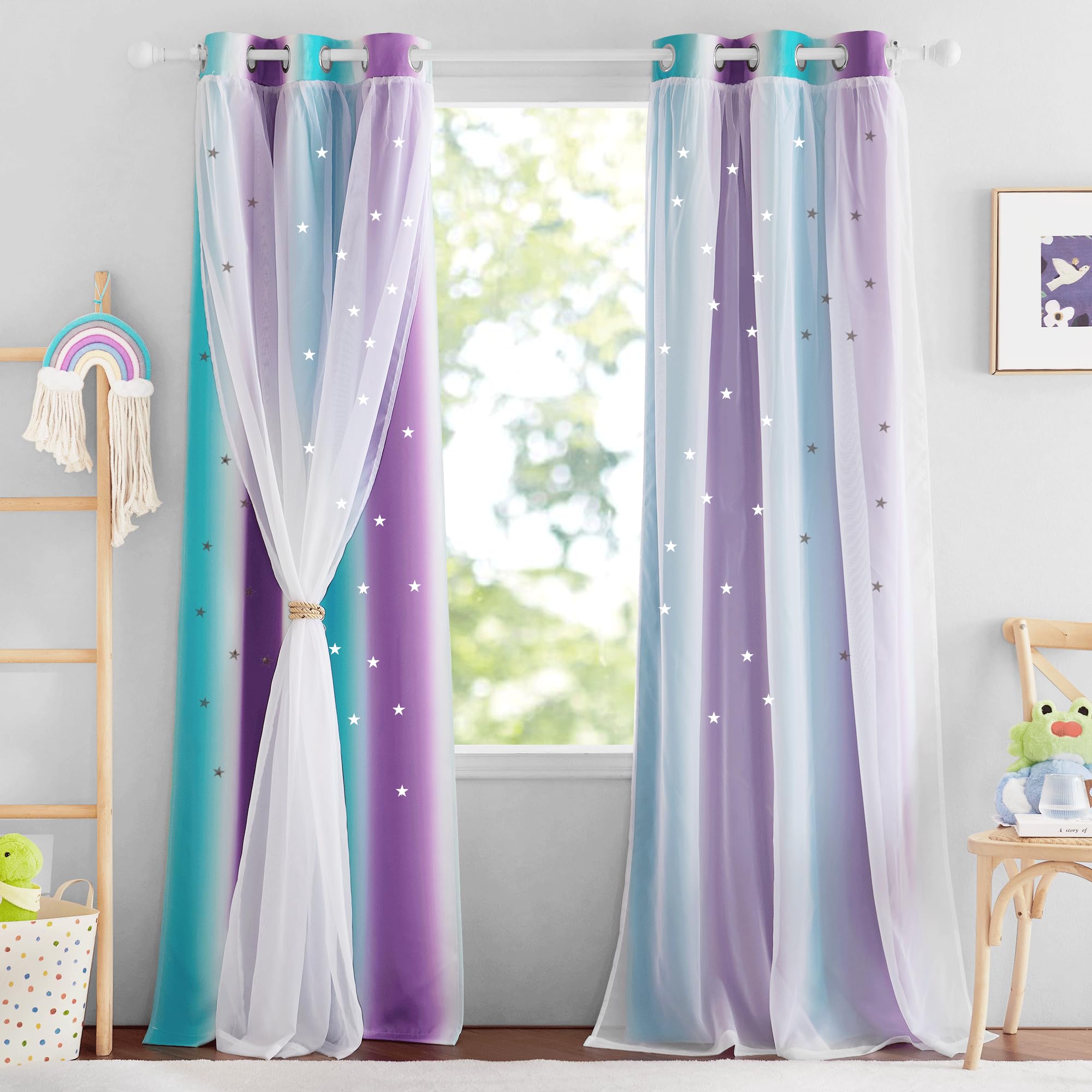 NICETOWN Star Cut-Out Blackout Curtains for Bedroom 2 Panels,2-Layers Mix Design of Fabric & Tulle, Kids Window Curtain for Nursery Living Room,W34 x L84, 2 Panels, Teal & Purple