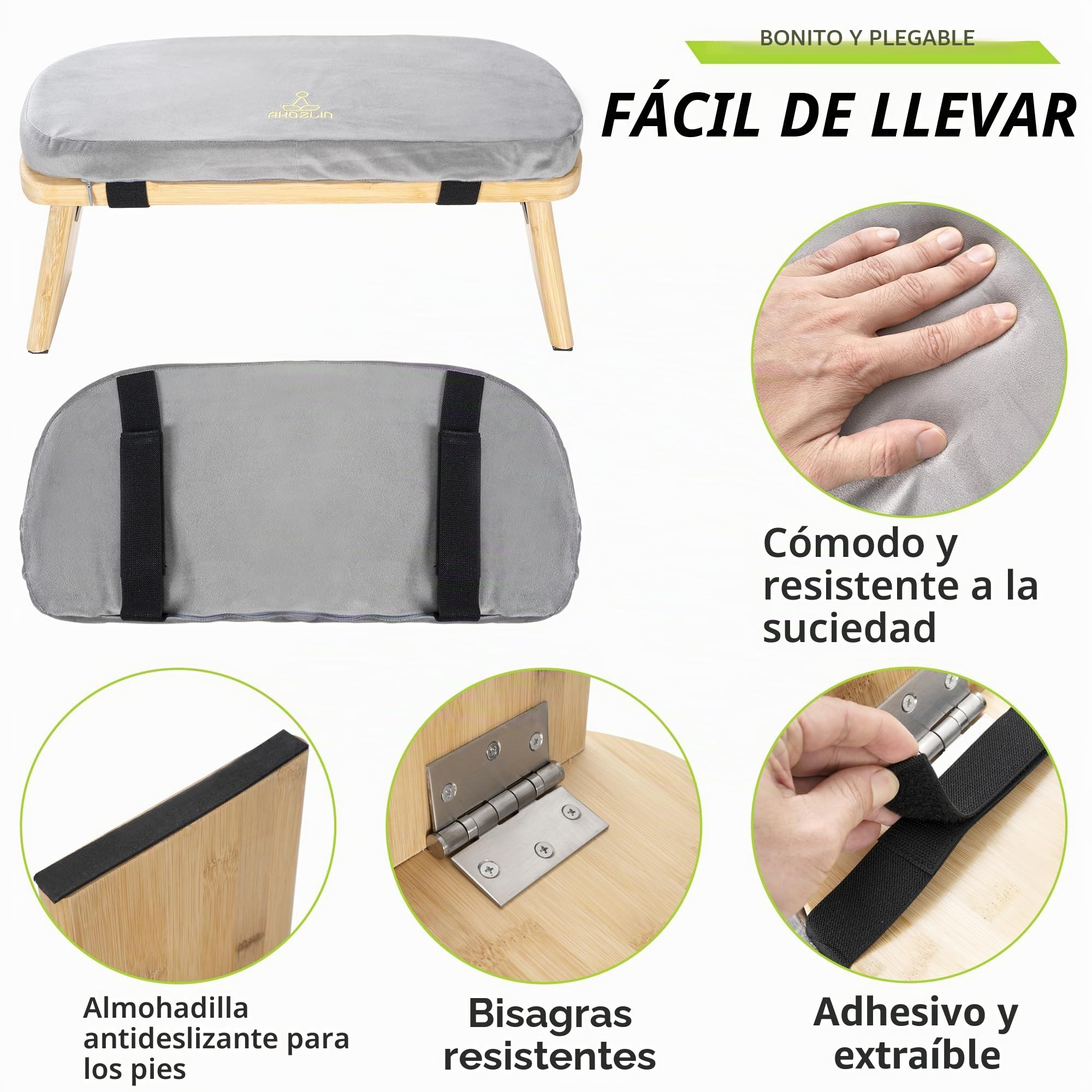 Taburete meditación bambú con cojín, con Bolsa para,Gris | Esposo de yoga de bambú ergonómico, para rodillas y oración