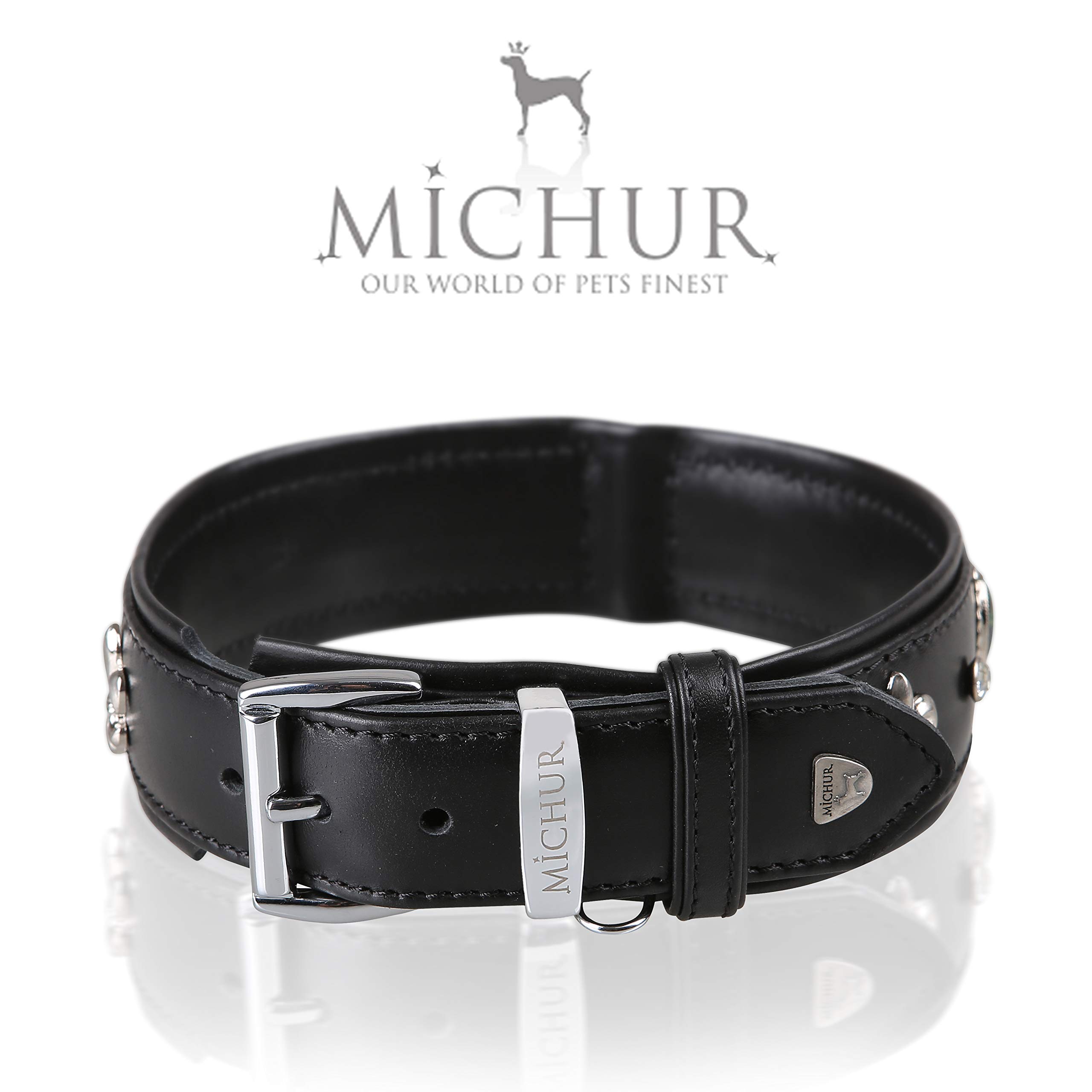 MICHUR Pietro Leder-Hundehalsband – Handgeschnitzt Mit Feder-Muster, Braun/schwarz, In Verschiedenen Größen (32–65 Cm)