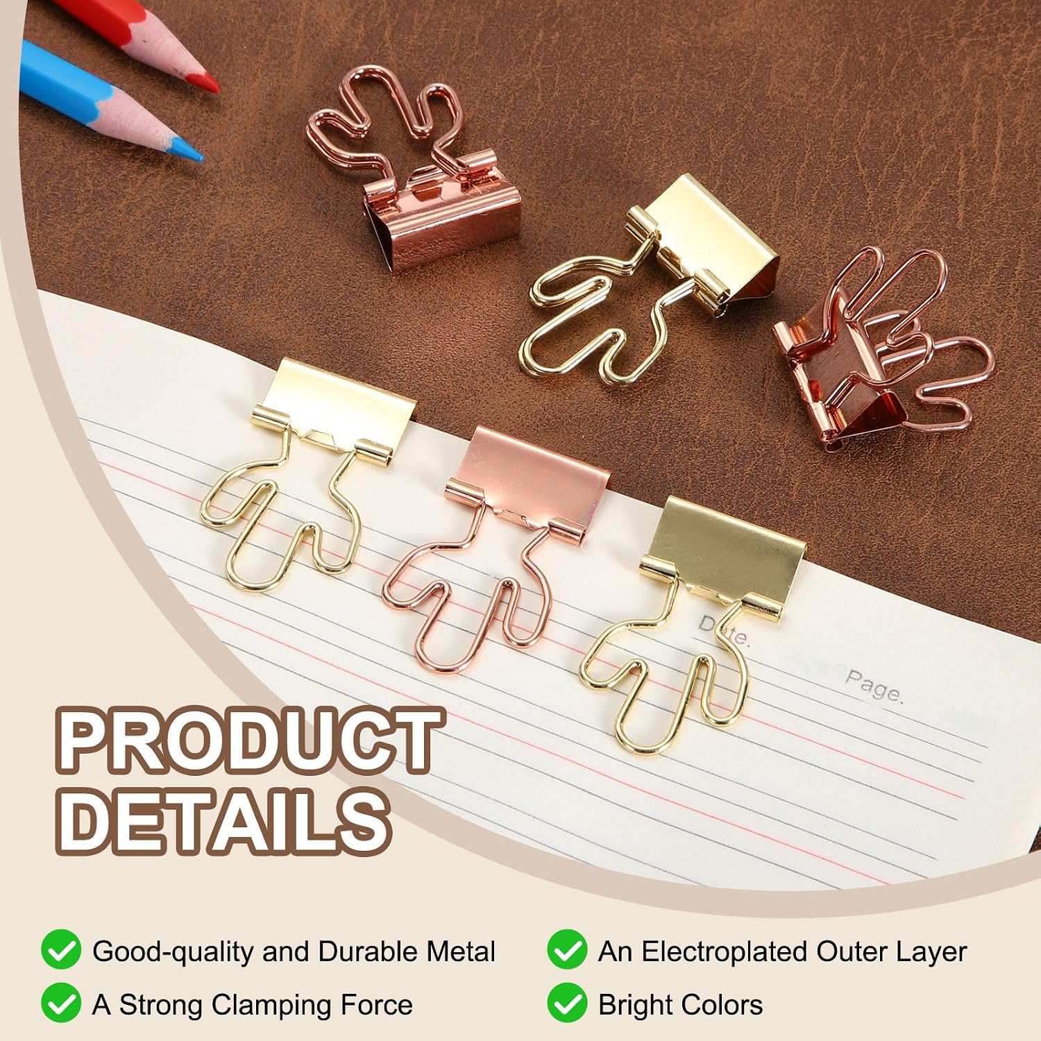 PATIKIL 12pcs Small Binder Clips Cactus Shape Cute Clips Rose Gold and Gold image 3