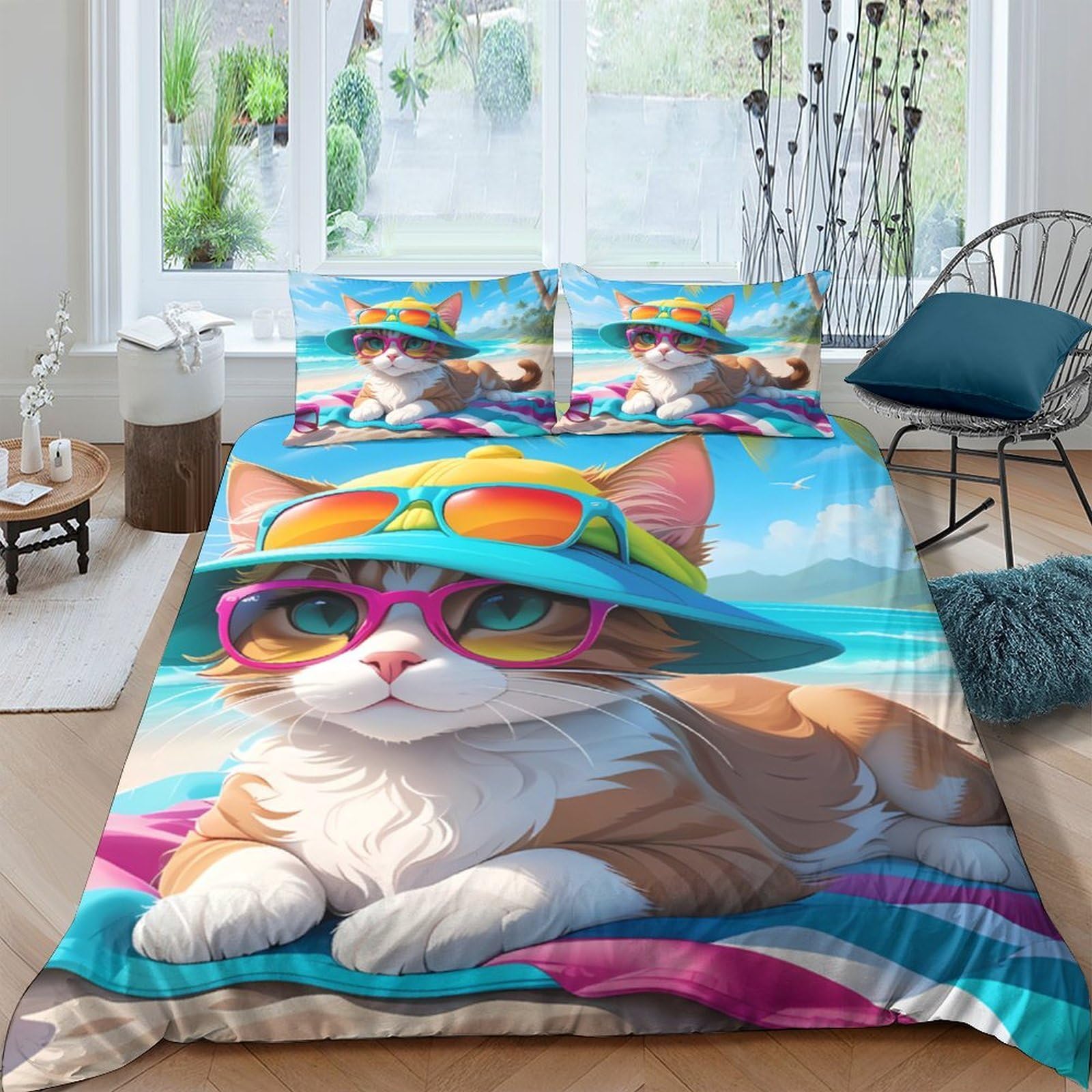 Ctjqhvkz Style-3 3D Printed Summer Cat Fitted Sheet Microfiber Soft Beach Sunglasses Mattress Cover For Bedroom Dorm Decor Easy Care Single（135X200cm）