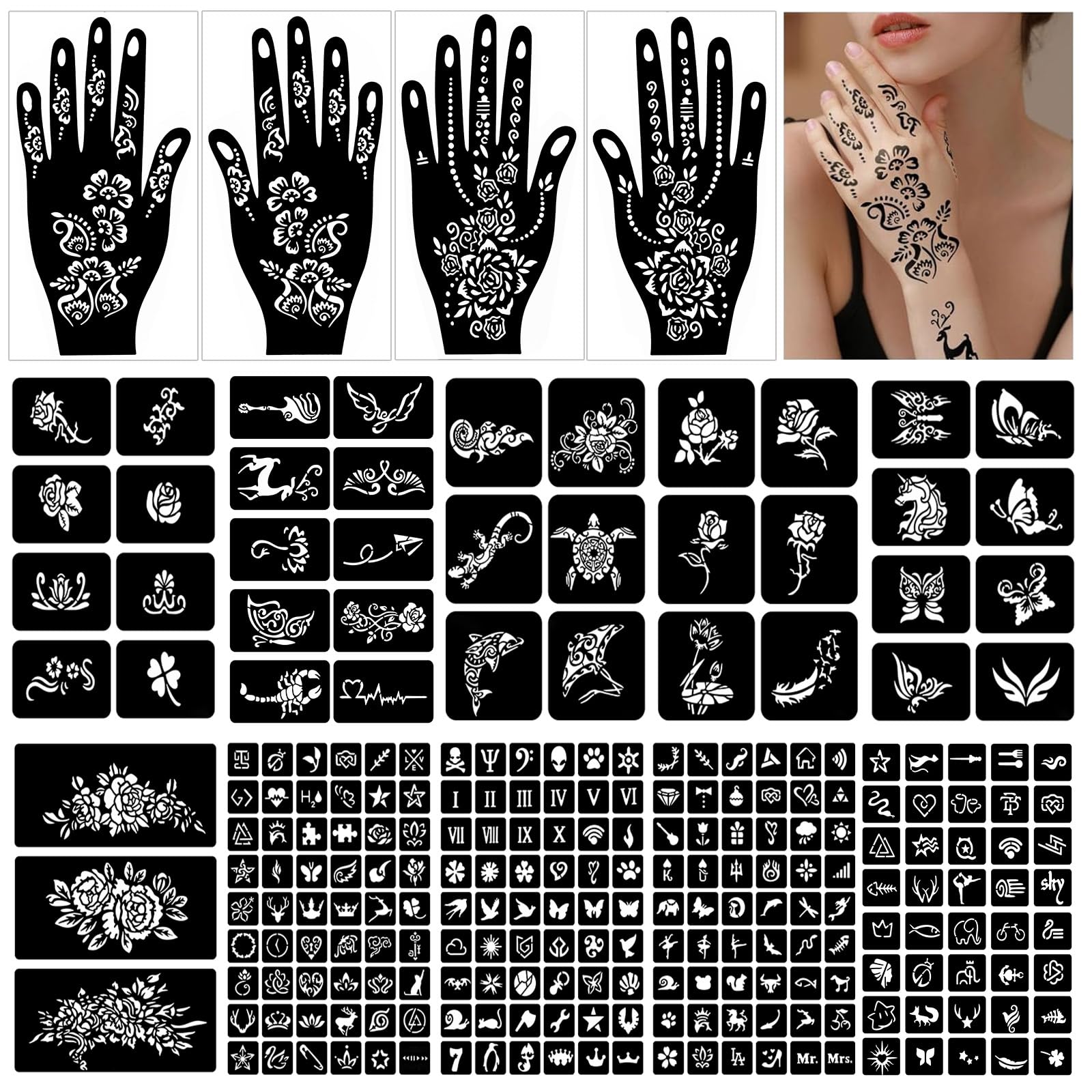 Henna Schablonen, 247 Stück Temporäre Henna Tattoo Schablonen, 14 Blätter Henna Tattoo Set für Frauen Mädchen Teens Face Paint Body Art