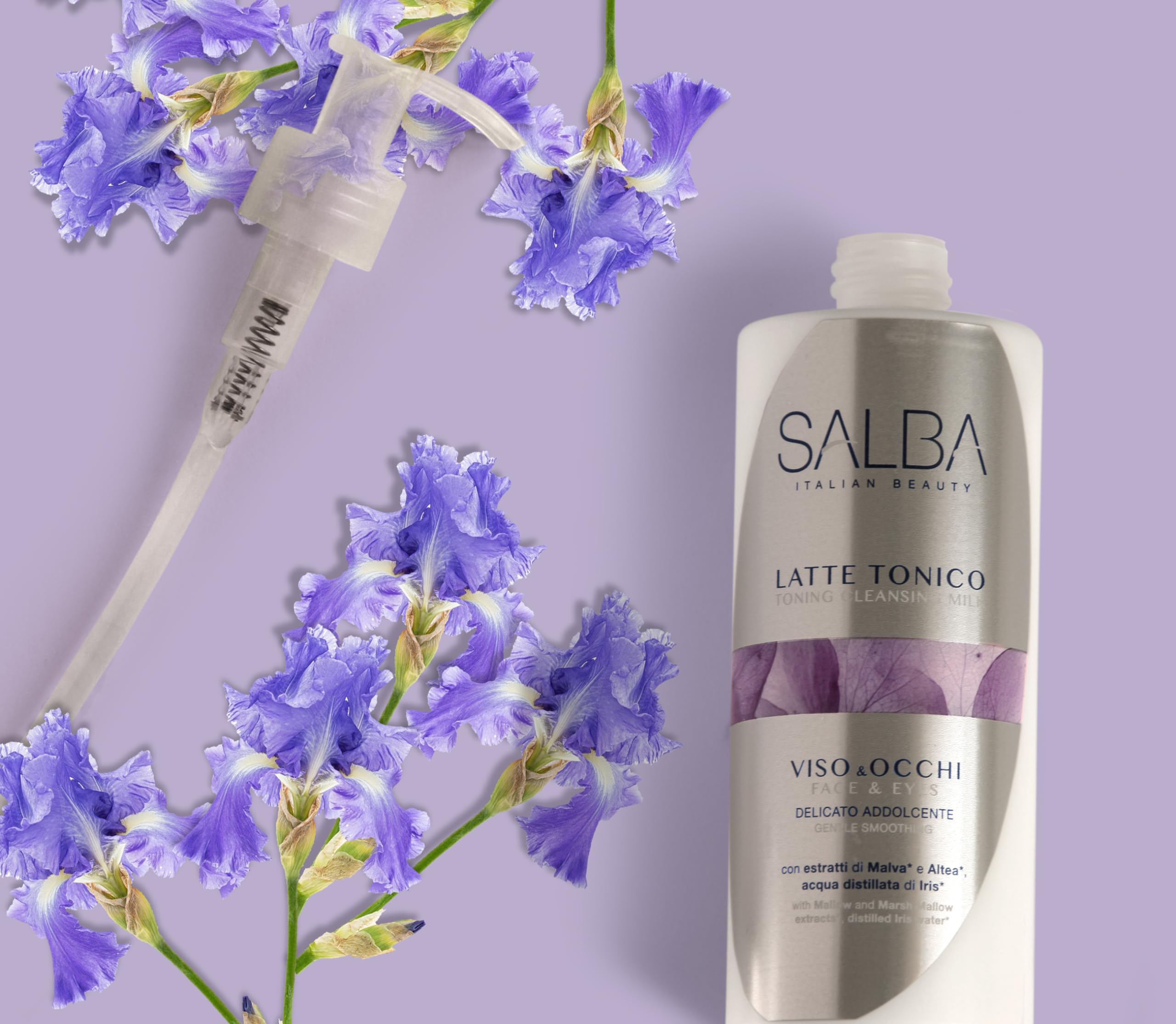 SALBA Latte Tonico Viso & Occhi Detergente Struccante Delicato Addolcente, Texture Soffice e Cremosa, con Estratti di Malva e Altea, Acqua Distillata di Iris, per Tutti i Tipi di Pelle, 200 ml