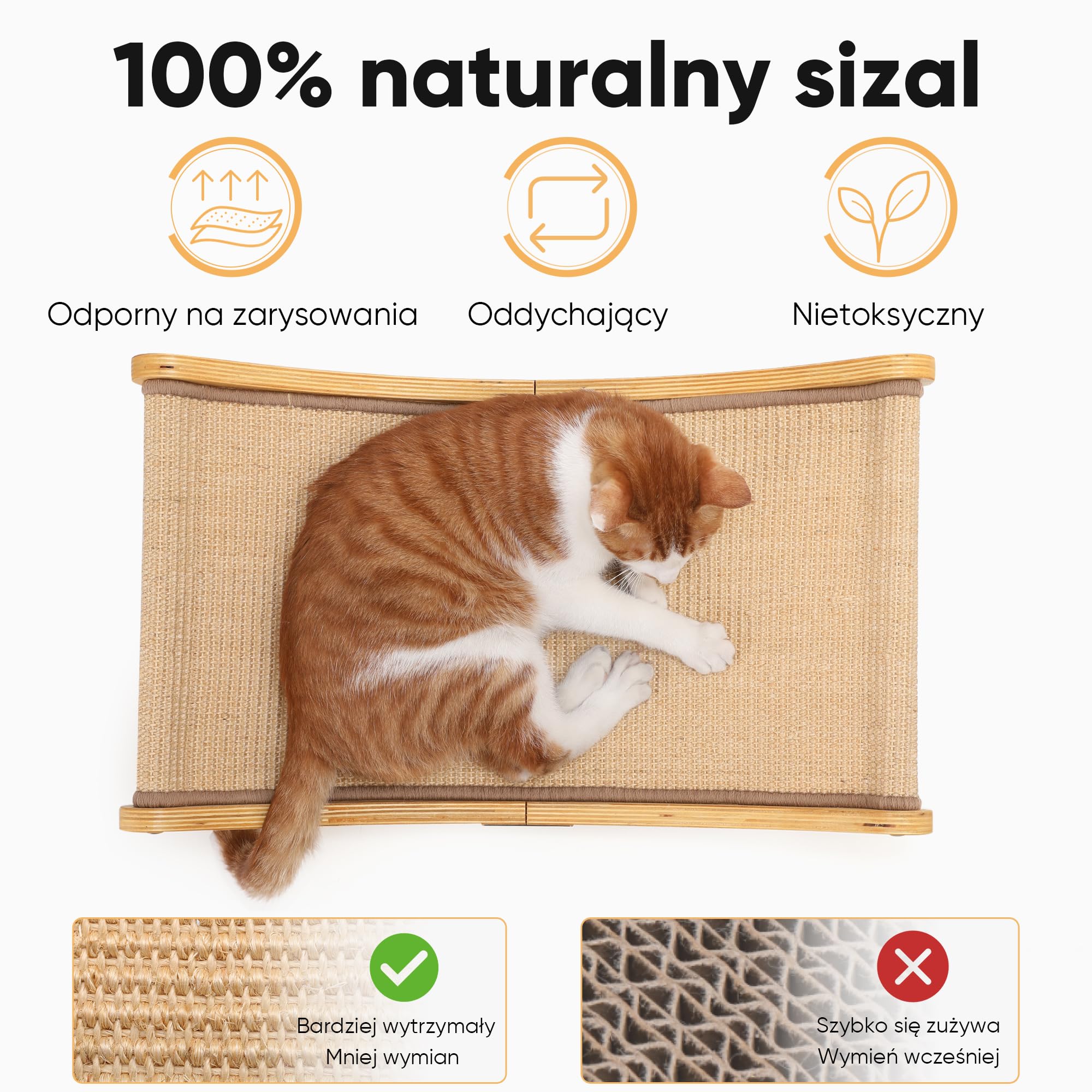FUKUMARU Legowisko do drapania dla kota, 60 cm Trwałe łóżko do drapania dla kotów do użytku wewnętrznego, 100% naturalny hamak sizalowy, rama z litego drewna do spania i ozdabiania paznokci (beżowy)