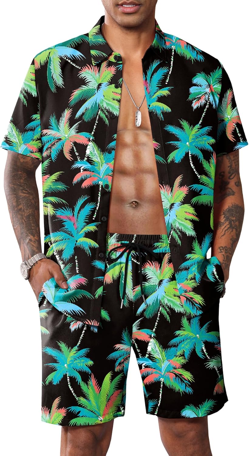 LecGee Mens Coconut Tree Hawaiian Sets Casual Short Sleeve Button Down Shirts Shorts 2 Piece Outfits Summer Tracksuit