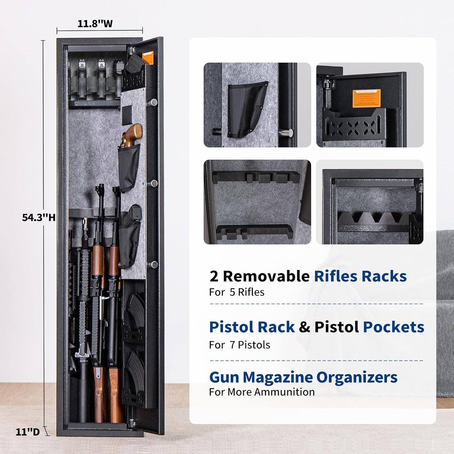 BlackSmith 5 Biometric Rifles Safe Long Gun Safe for Home Rifles and Pistols Quick Access Fingerprint Gun Cabinet Dual Alarm 2 Rifles Gun Rack Password Memory Function 16 Gauge Alloy Steel