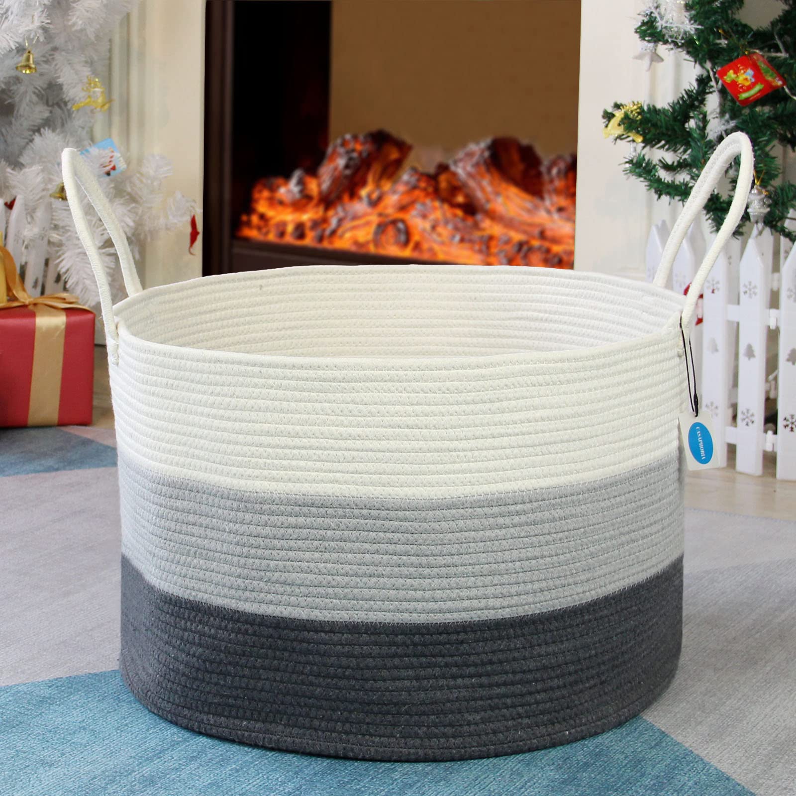 Casaphoria Cesto portaoggetti XXL in corda di cotone, largo 50,8 x 33,8 cm, con manici lunghi, cestino decorativo per vestiti, cestino extra large per coperte, cuscini o biancheria (grigio)