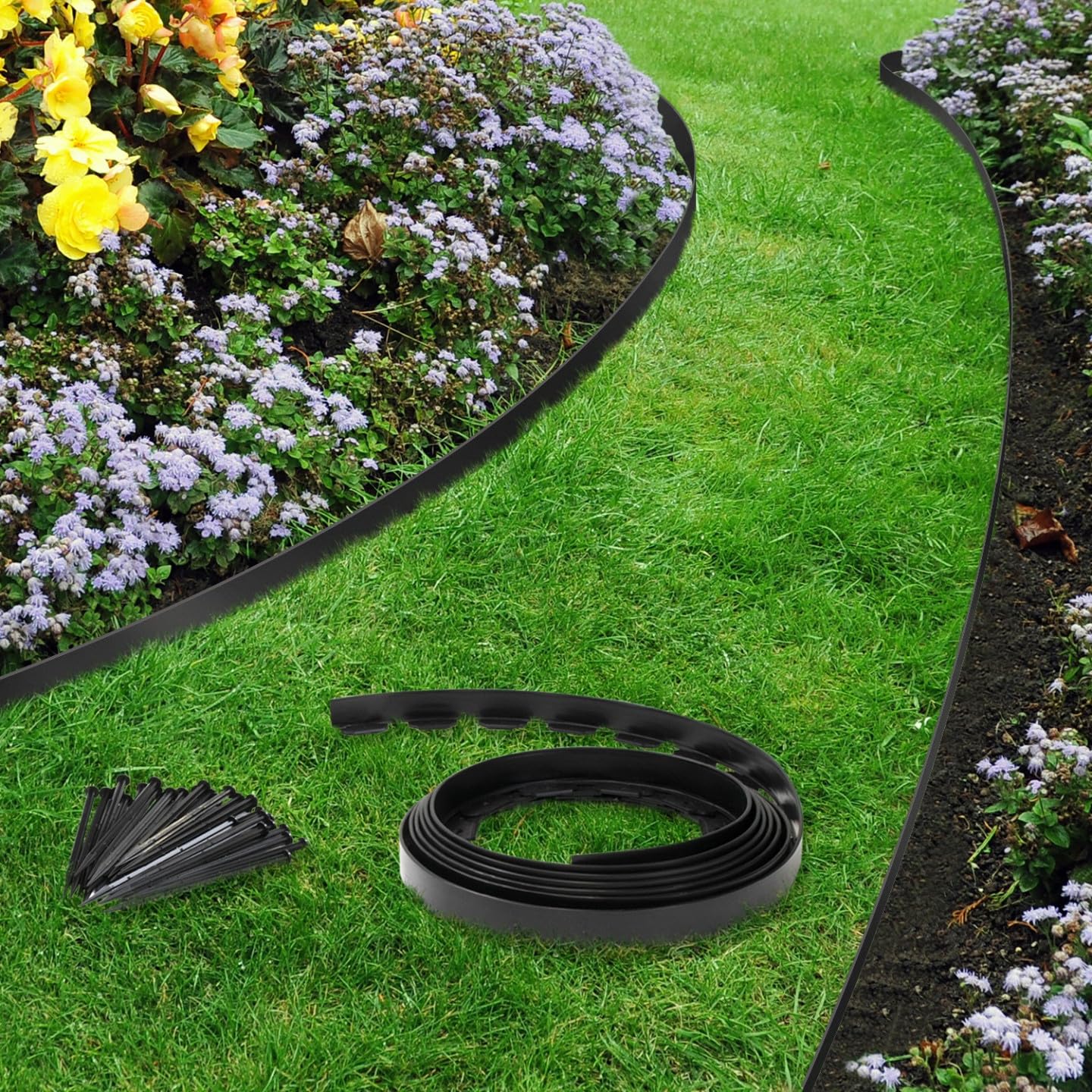 D-Work Bordure De Jardin Flexible PE Gris Anthracite 10M - Ht 5cm - Avec 30 Piquets - Sans Creusage