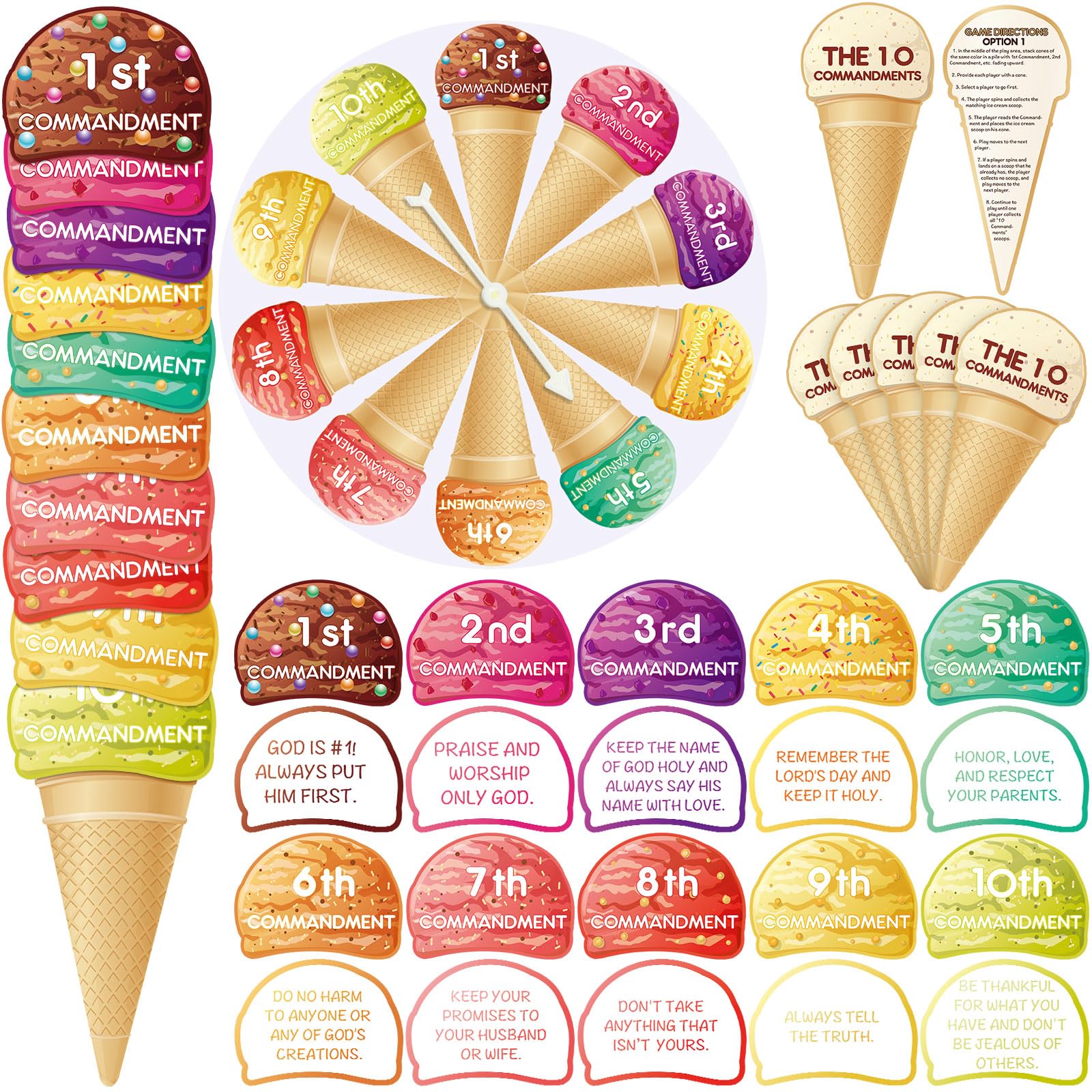 Affrolling Ten Commandments for Kids Ice Cream Scoop Game Ten Commandments Learning Wheel Sunday School Games 10 Crafts Kids Bible Supplies Religious Educational and Learning Activities