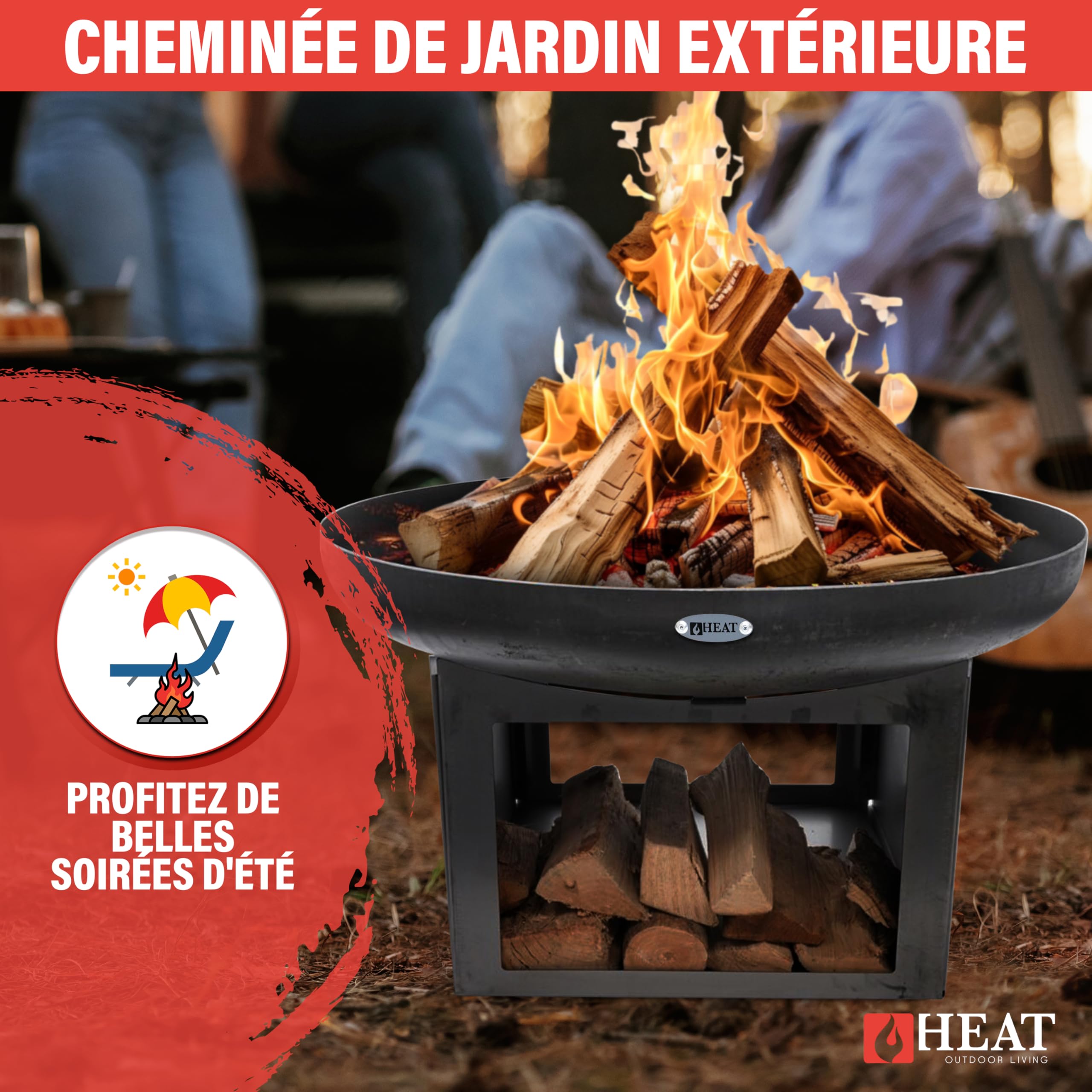 Brasero Fresvik Ø80 cm avec Rangement pour Le Bois - Brasero Barbecue - Brasero pour Jardin - Acier - Noir - 80x80x50 cm