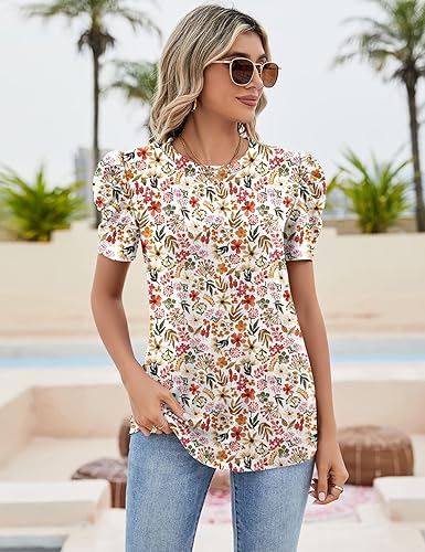 Miniatura 2 de Ivicoer - Camisa de manga corta abullonada para mujer, con ojales, cuello redondo, ajuste holgado, talla S-XXL