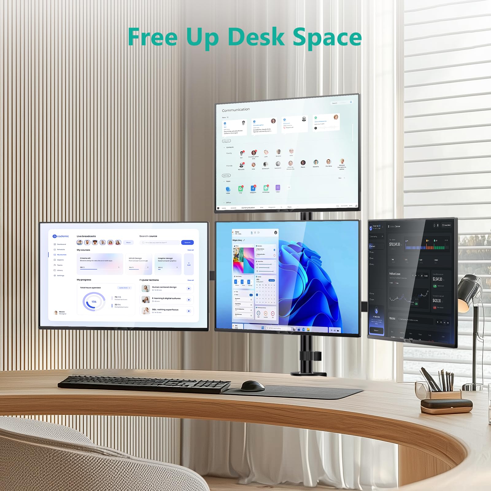 WALI Soporte de monitor cuádruple para pantallas de 17 a 27 pulgadas, soporte de 4 monitores totalmente ajustable con giro, inclinación, rotación, abrazadera y kit de base de ojales, carga máxima de