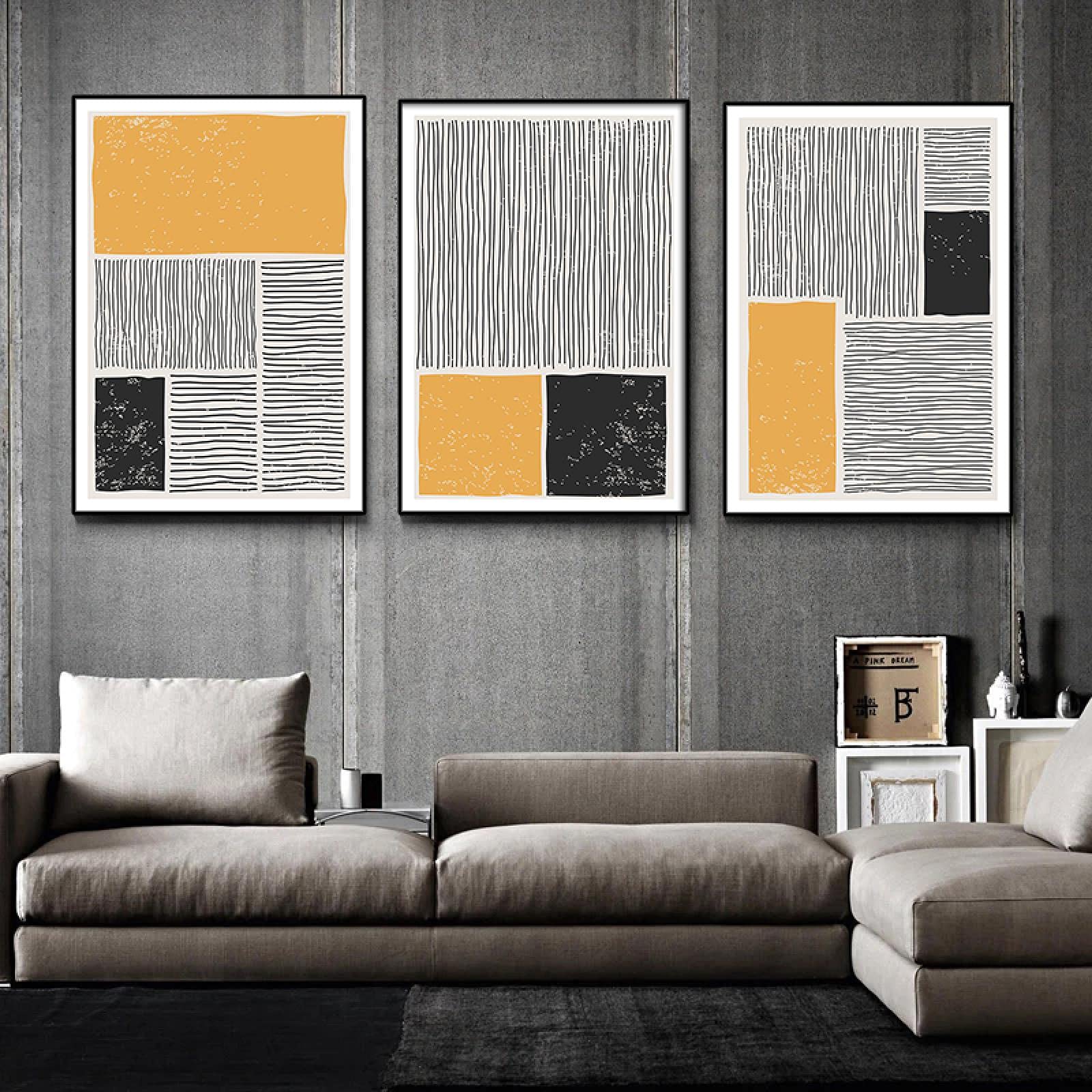 Impressions abstraites géométriques pour sublimer un mur de salon vide