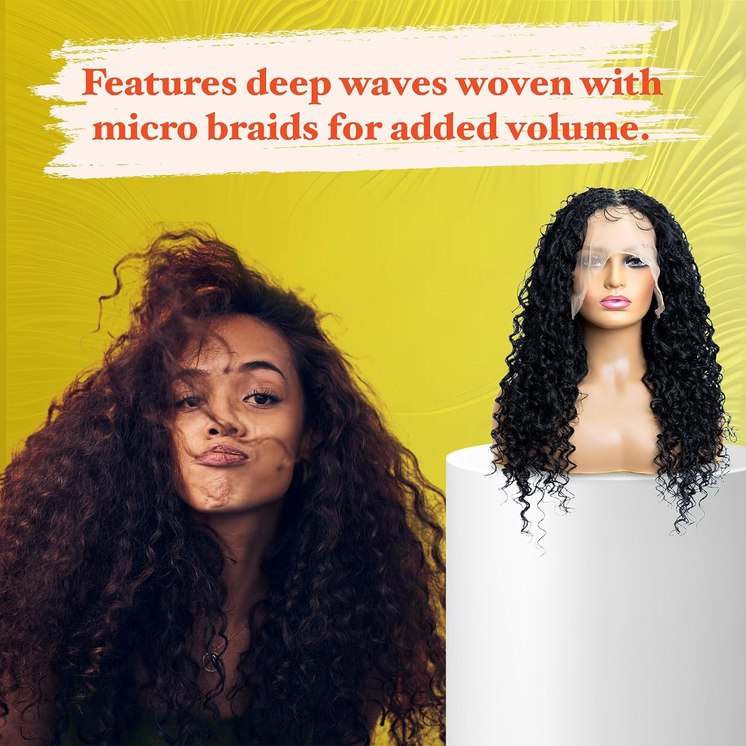 Micro Boho Deep Wave Box Braided Wig - Synthetic Knotless Braided Wigs for Black Women - Curly Hair Wig with Natural Baby Hair - Full Lace 360 Wig (#1 Jet Black, 32")