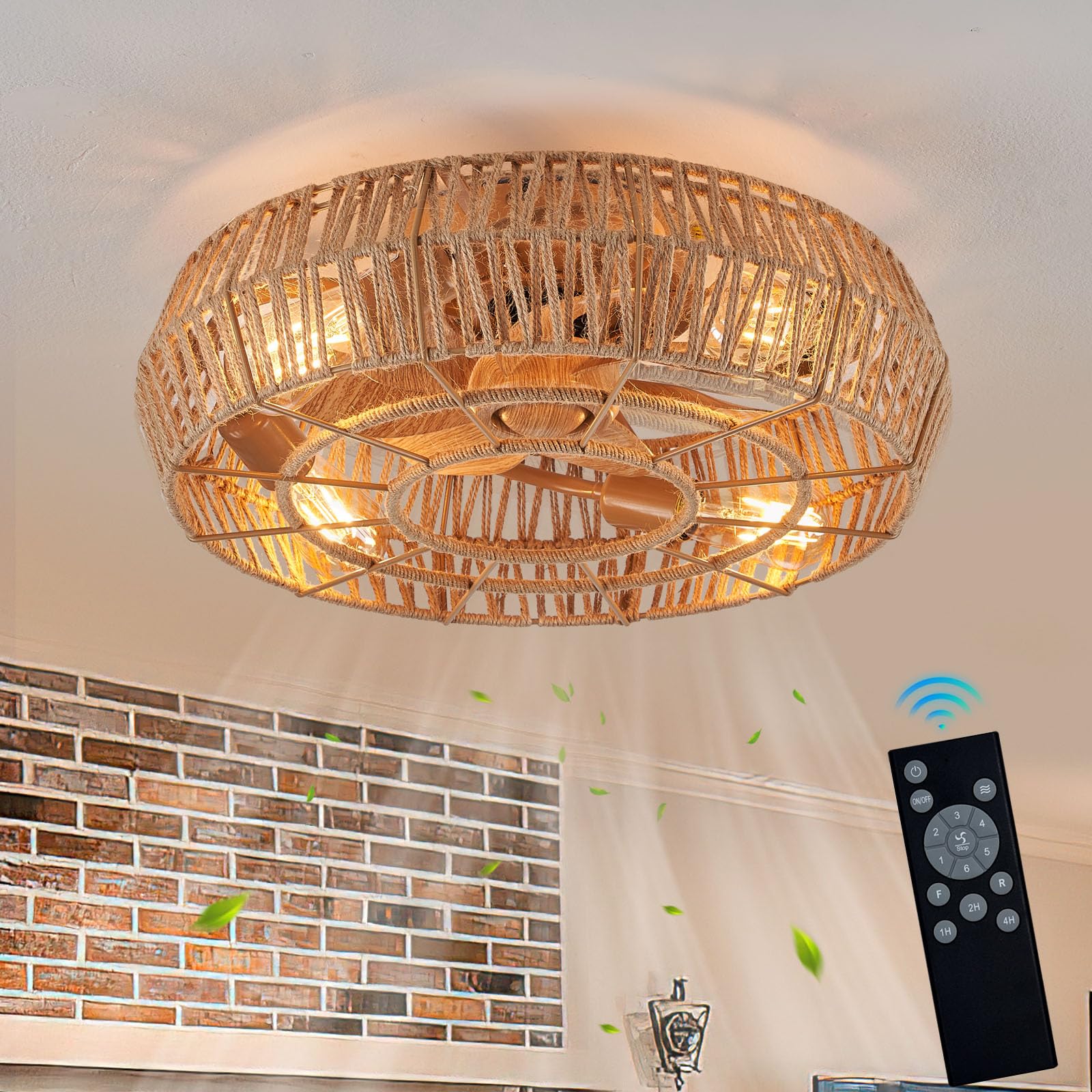 Boho Ceiling Fan with Light and Remote Rattan Caged Ceiling Fan Low