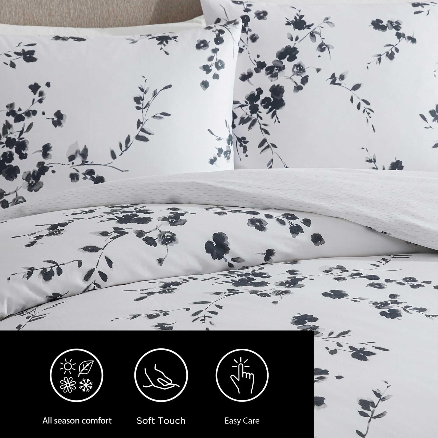 Vera Wang - Queen Size Duvet Cover Set, 100% Soft & Smooth Cotton Sateen Floral Bedding, 3-Piece Reversible Bed Set with Matching Pillowcases (Noir Bouquet/Ikat Line Grey)