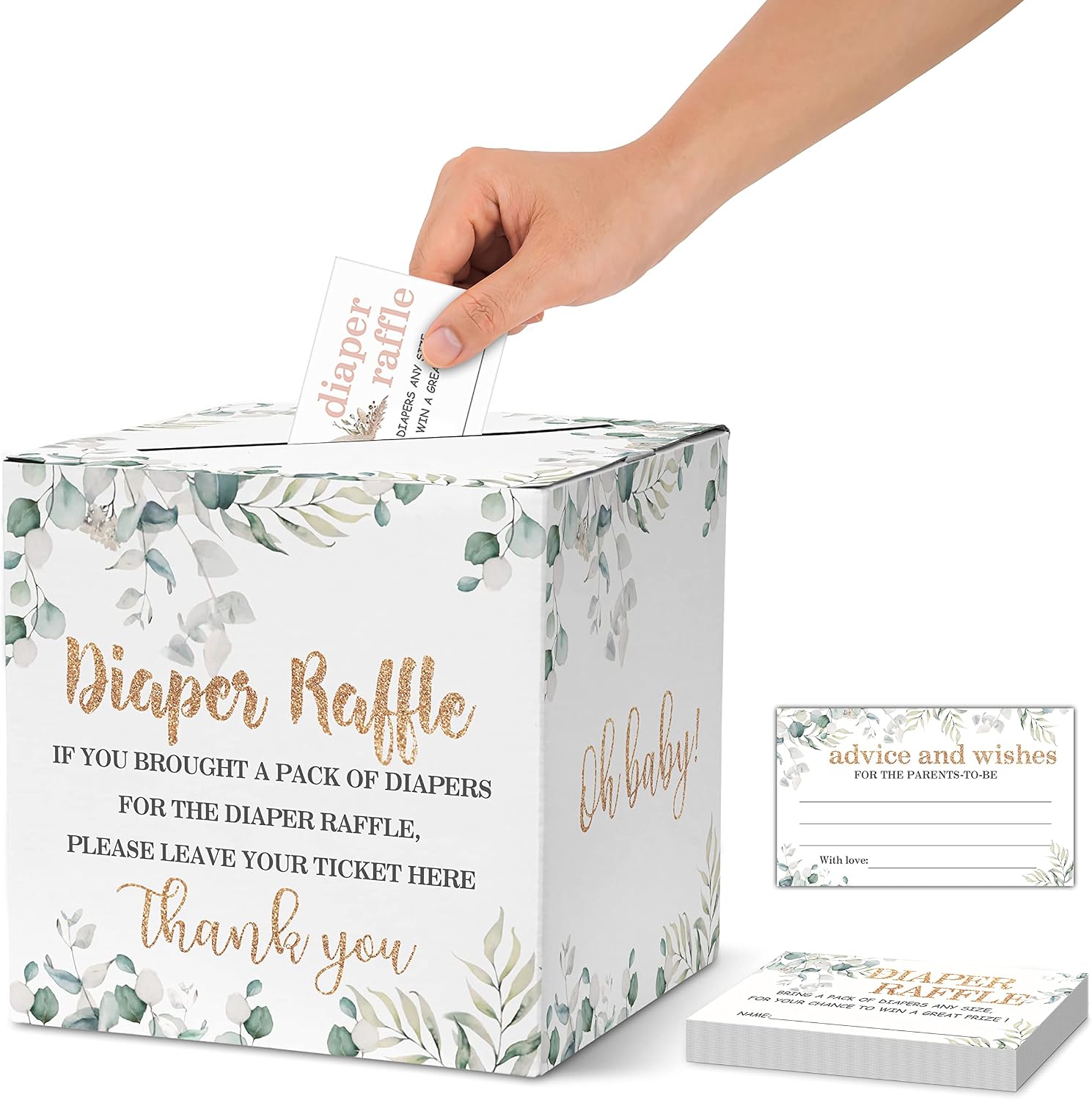 Diaper Raffle Tickets For Baby Shower, Greenery Plant Themed Baby Shower Card Box and Advice Cards, Party Favors Decorations Supplies Game, 1 Card Collection Box & 50 Cards Per Pack(bb005 hezi)
