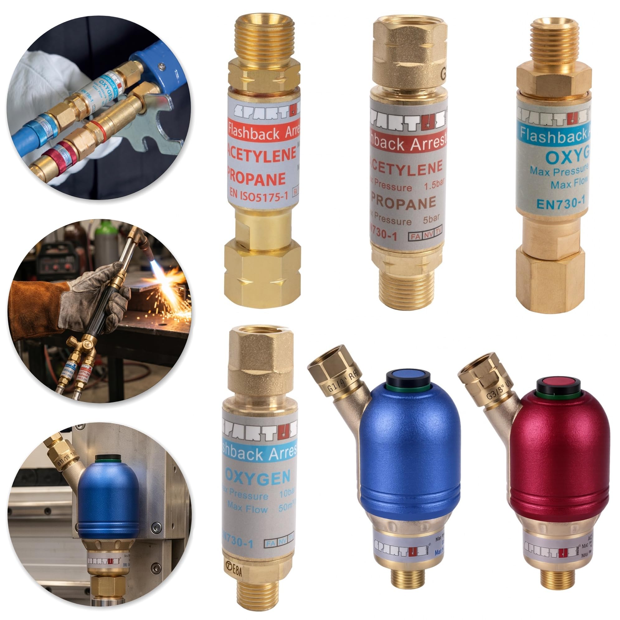Protección antirretorno de llama de oxígeno SPARTUS | Válvula antirretorno de gas para soldadora de autogénicos | acetileno, propano | reductor de presión, regulador de presión de gas, quemador (G3/8 | Protección contra incendios para quemadores y reducto
