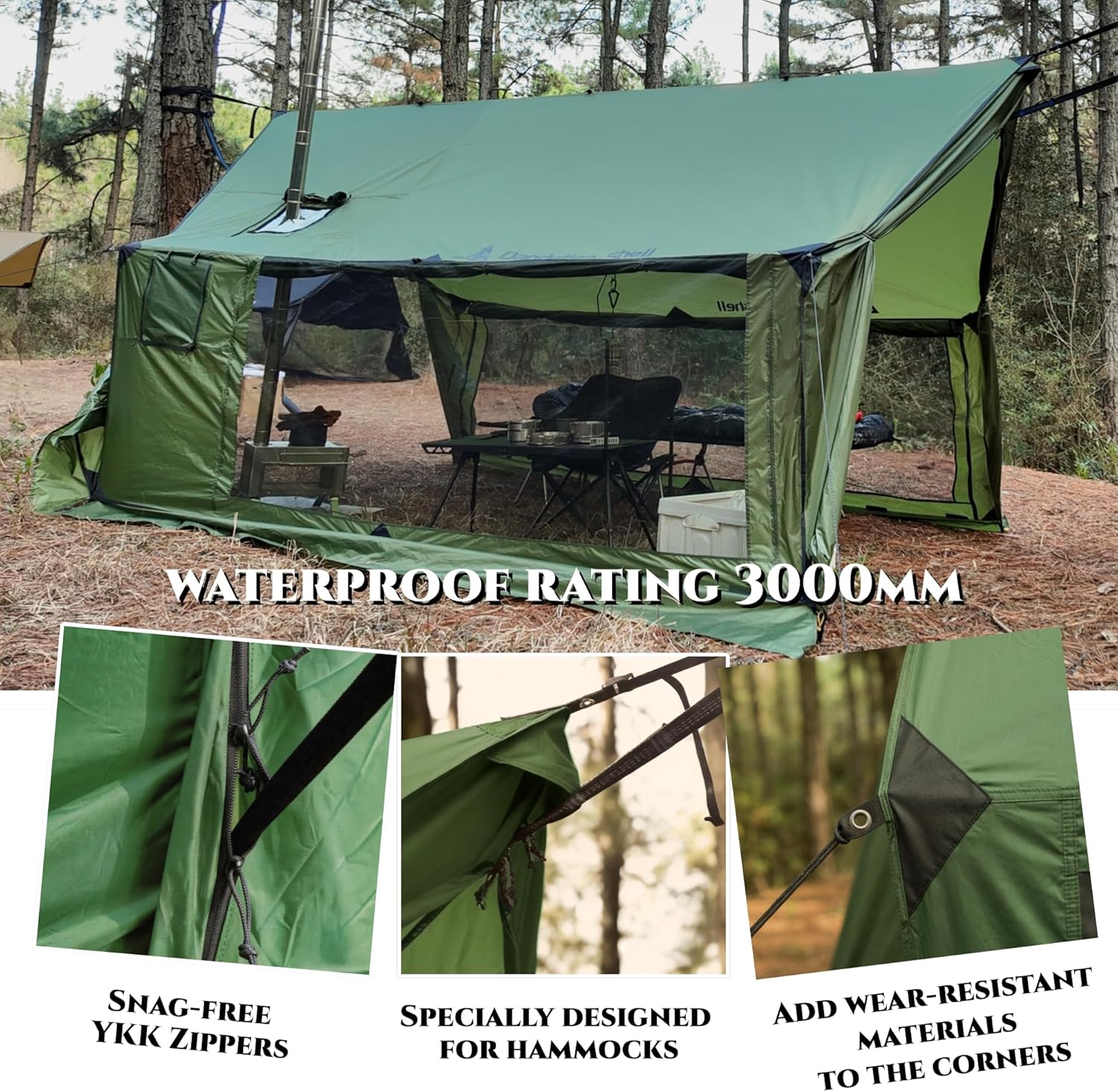 Hammock Hot Tent with Stove Jack and Double-Sided mesh Windows - Spacious, Versatile Wall Tent with Snow Skirt(No Poles)-Waterproof & Windproof, Ideal for Camping, Backpacking, Hiking