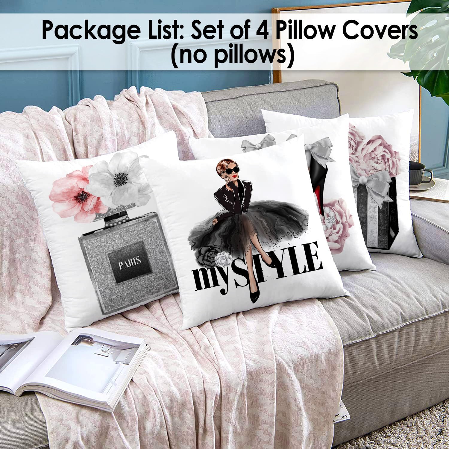 Set of 4 18x18 Pink Throw Pillow Covers Couch Bed Decorative Pillow Covers Fashion Girls Silver Perfume Flowers Cute Accent Pillow Covers Bedroom Black White Velvet Pillowcases (Pink and Gray) Pink Gray