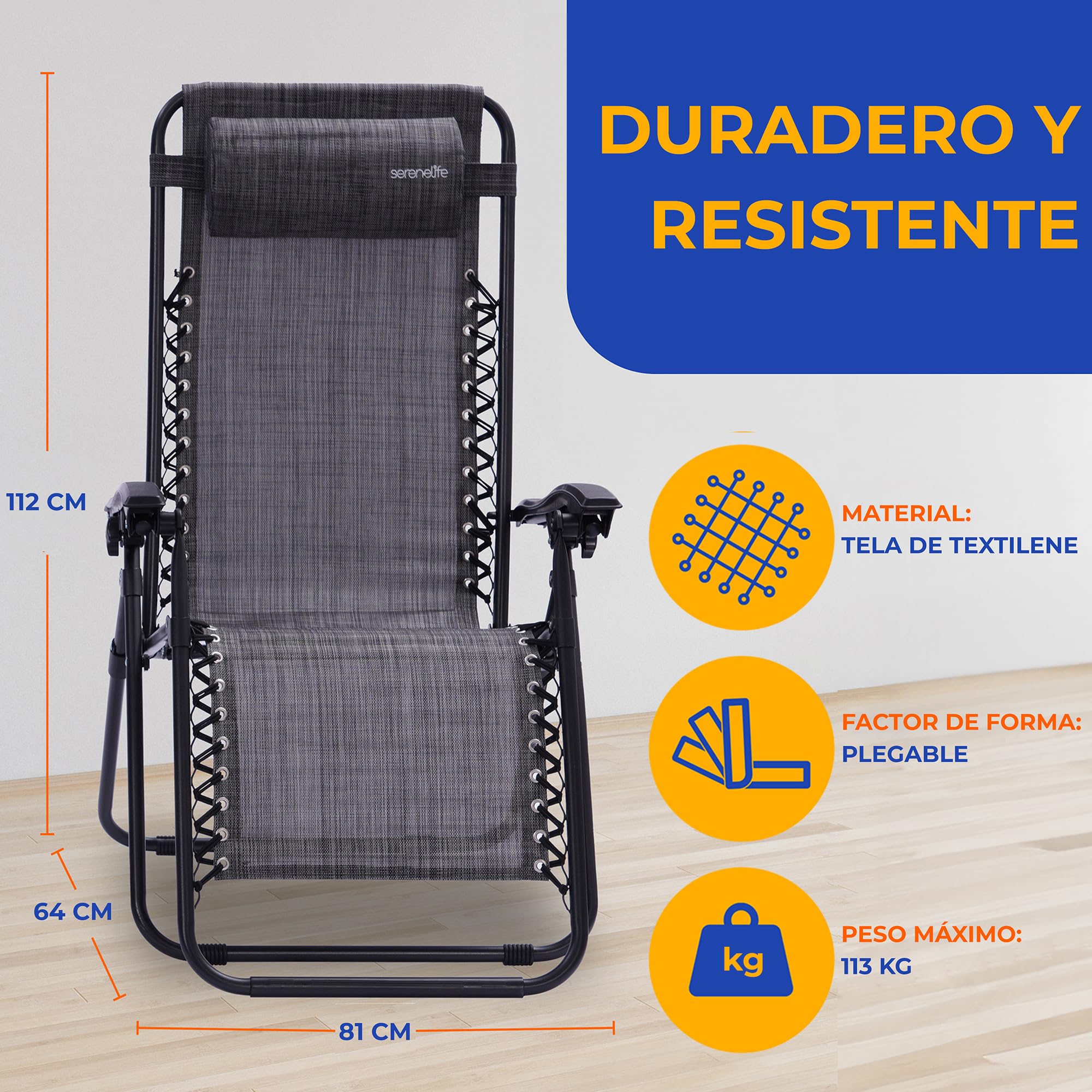 SereneLife sillas reclinables de Exterior, Set de 2, Tumbonas de Malla de Acero, con Almohada Desmontable, Portavasos, Plegables, Ajustables, Portatiles, Zero Gravity, Camping, Patio, Piscina o Playa