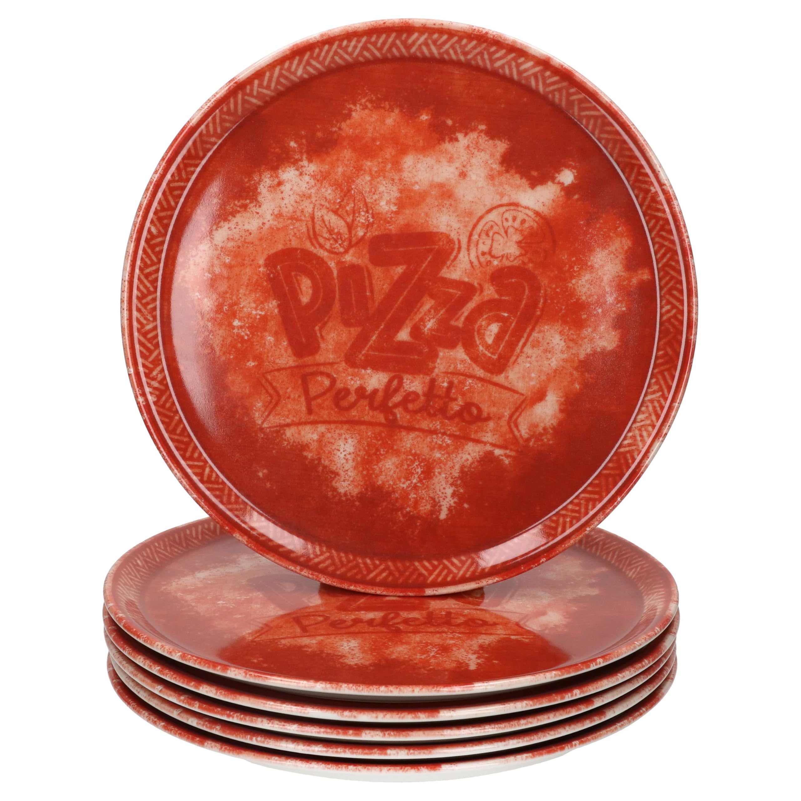 MamboCat Perfetto - Set di 6 piatti per pizza, diametro 31,5 cm, rosso, per 6 persone, in porcellana rustica per pizza, torte flambate e molto altro ancora, grandi piatti piani con decorazioni e